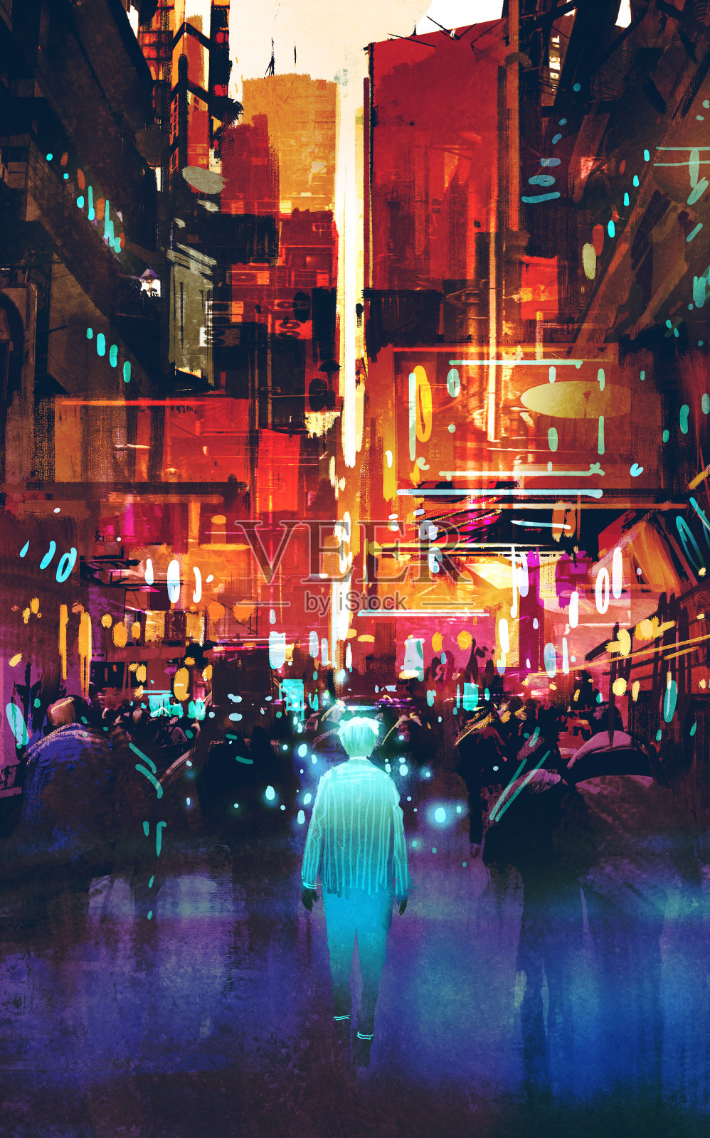 蓝色的人在五颜六色的灯光下走在未来的城市插画图片素材