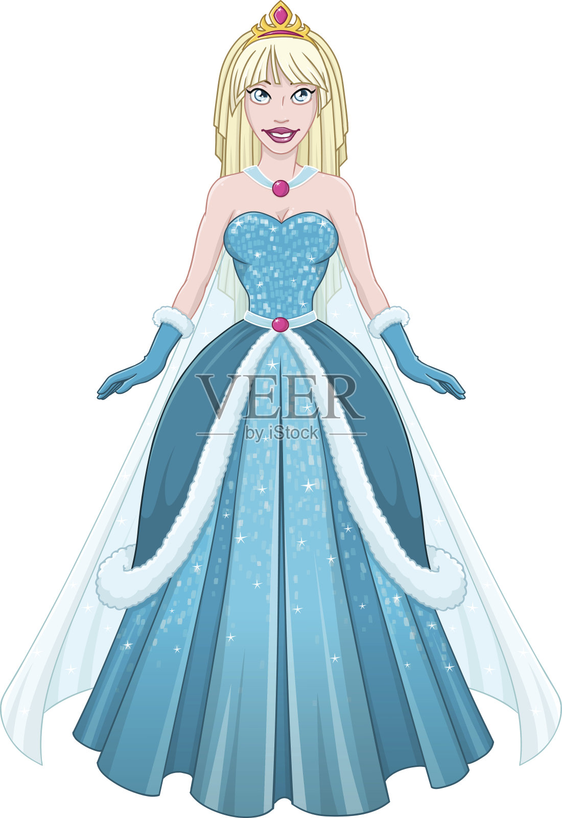 白雪公主在蓝色连衣裙前面插画图片素材