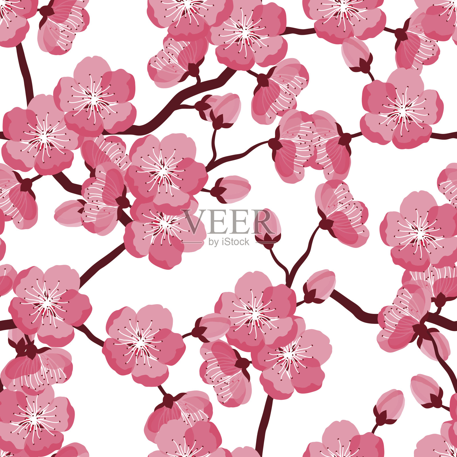 日本樱花无缝图案与程式化的花。背景不设计元素图片
