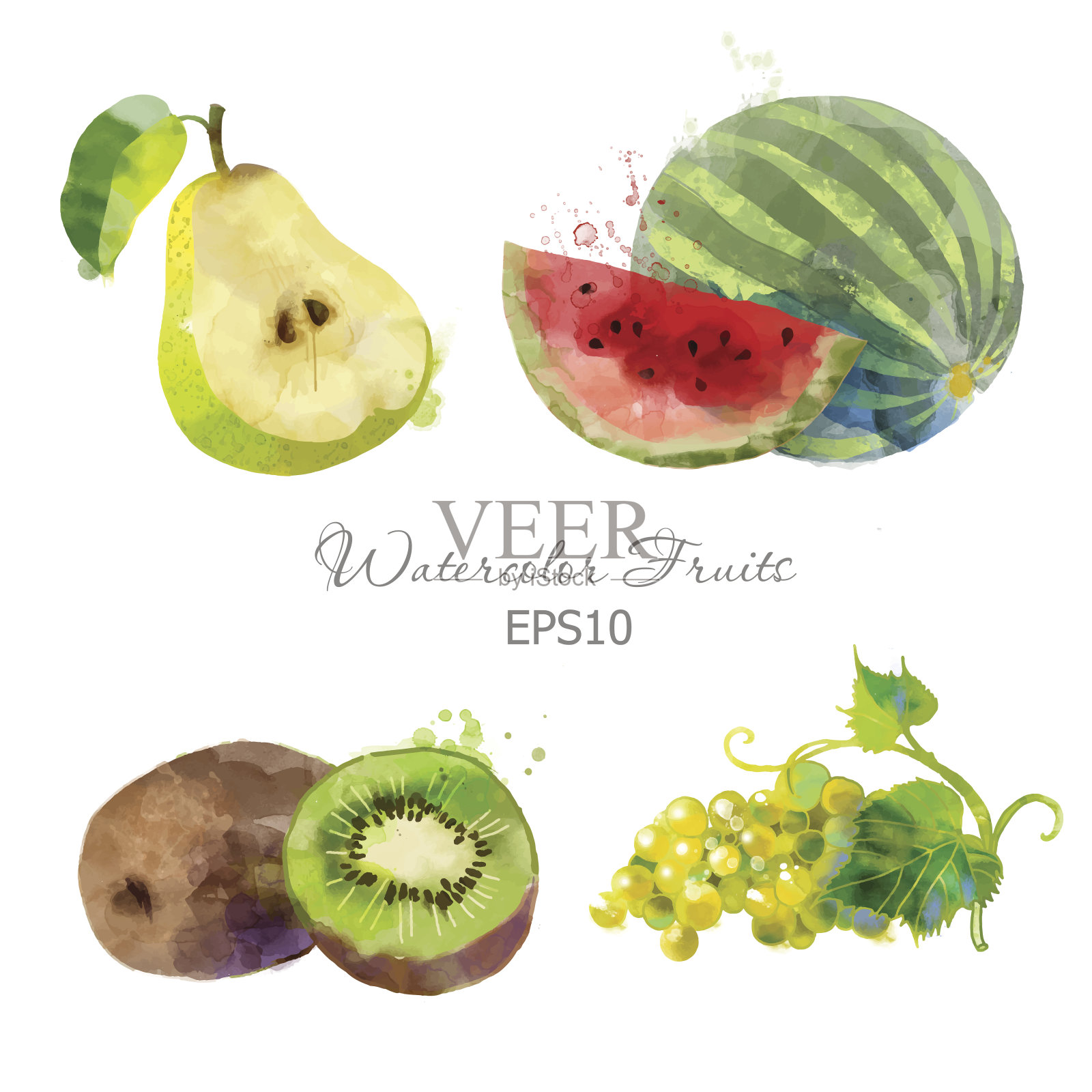 梨、西瓜、猕猴桃、葡萄设计元素图片