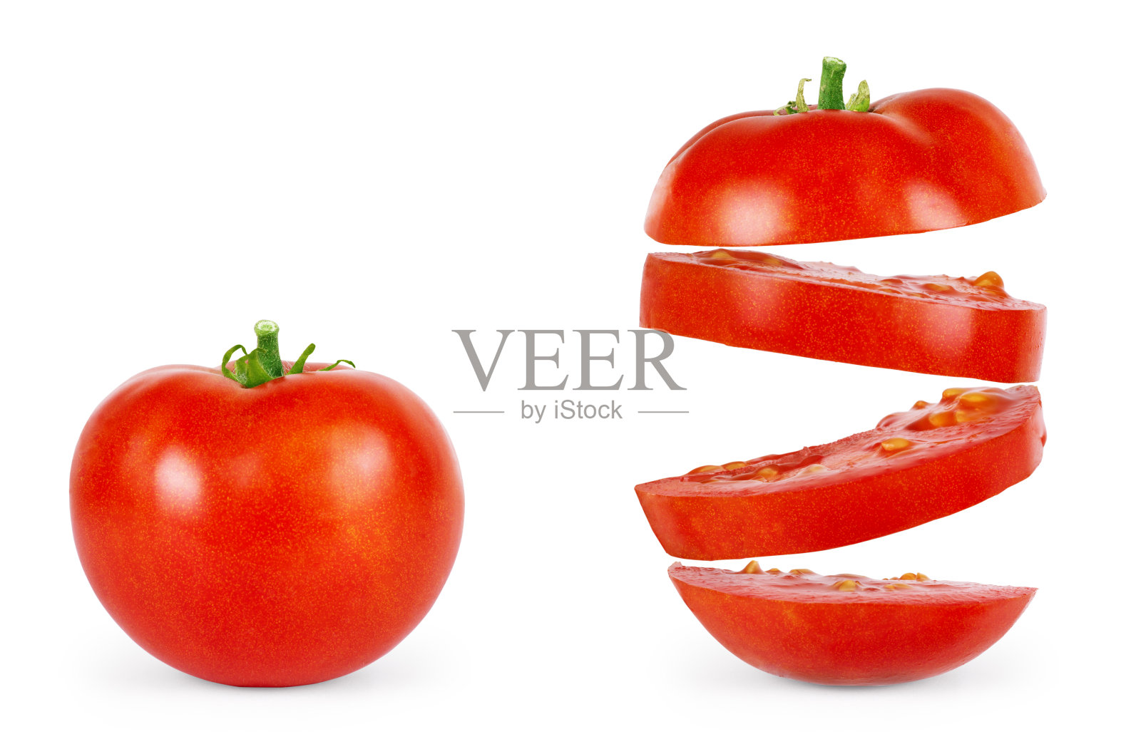 整个和切片的新鲜红番茄孤立在白色背景上照片摄影图片