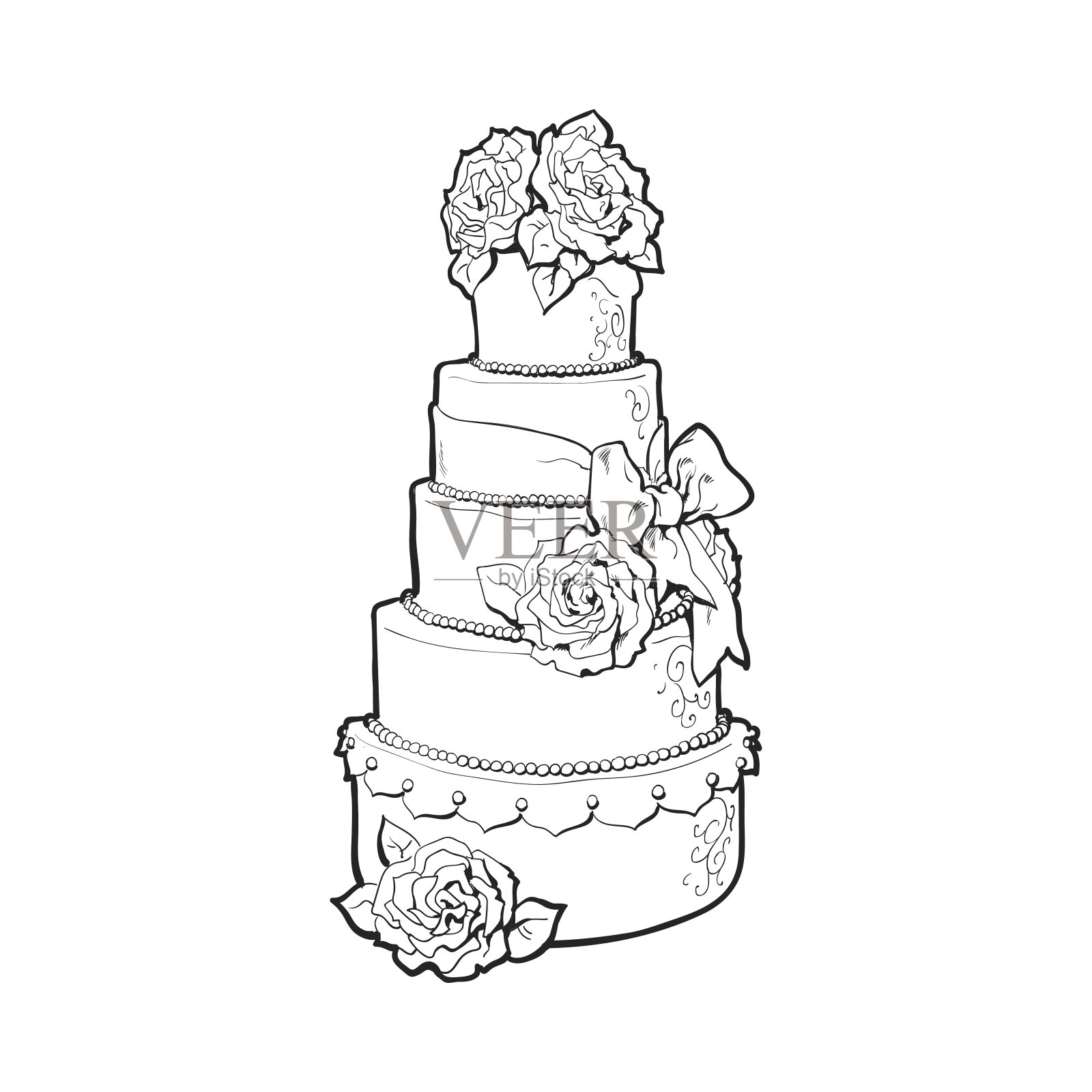 传统的用杏仁糖玫瑰装饰的白色分层婚礼蛋糕插画图片素材