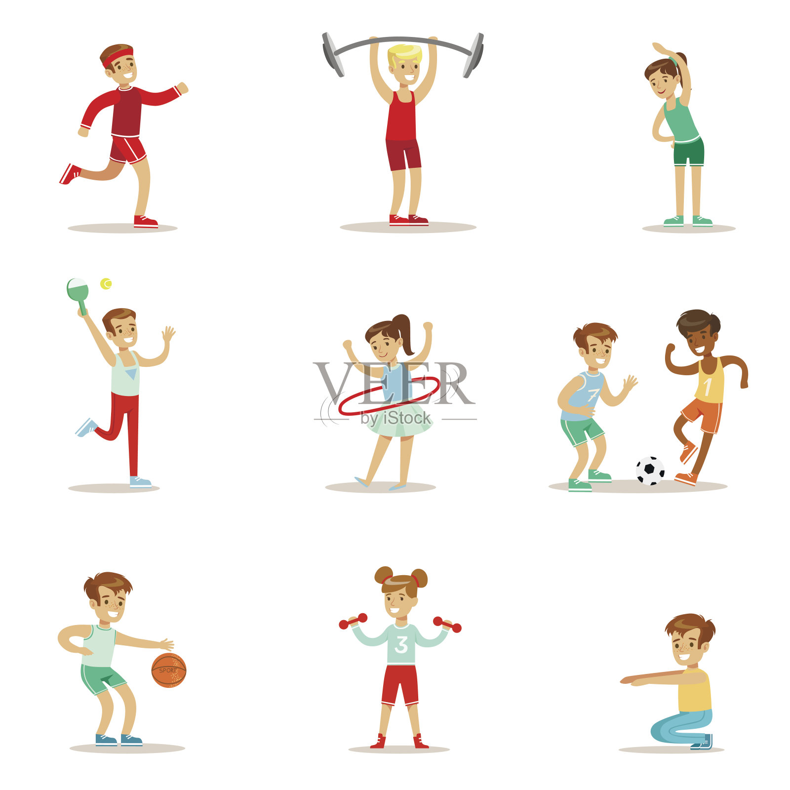 孩子练习不同的运动和体育活动插画图片素材