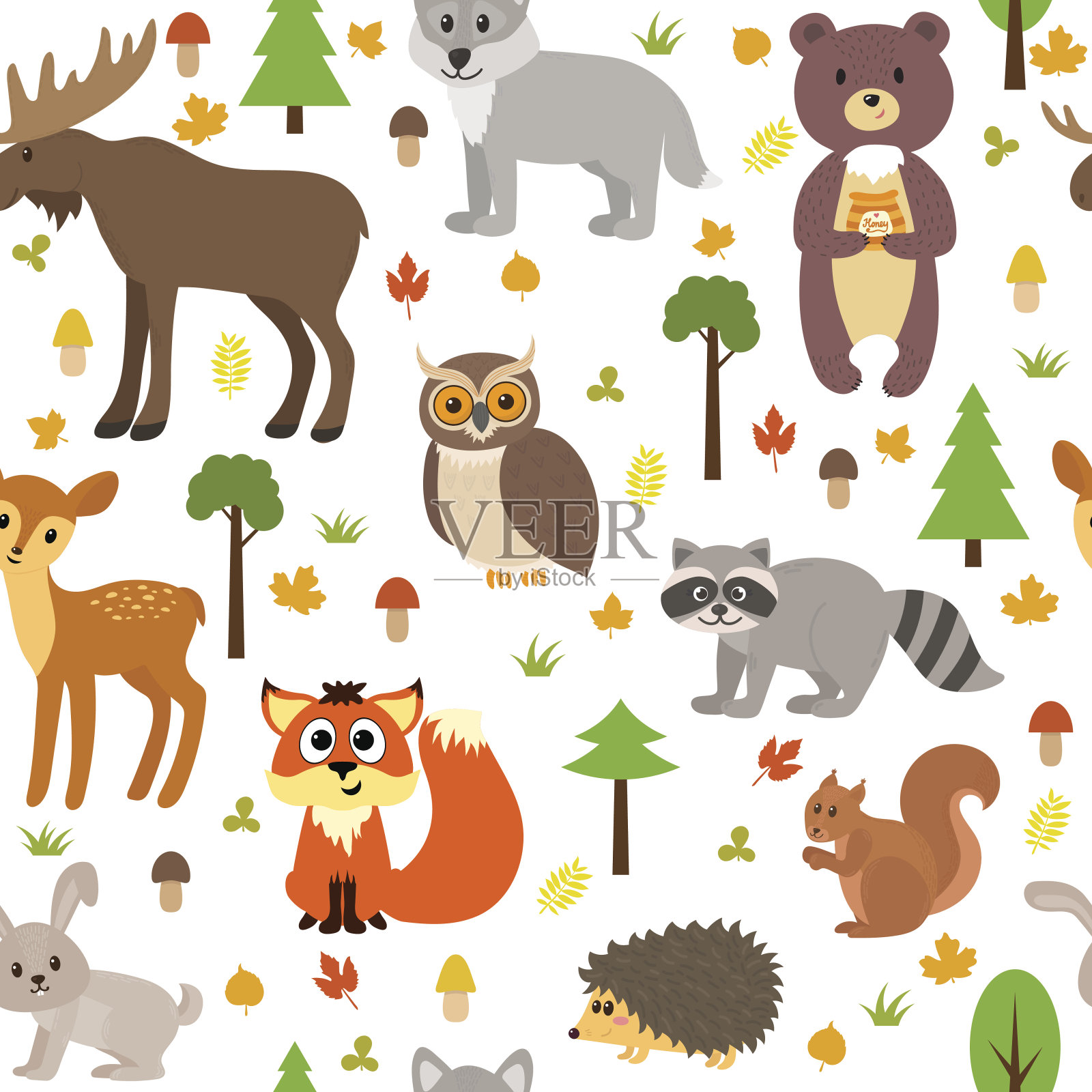 图案无缝搭配可爱的森林动物、蘑菇、树叶插画图片素材
