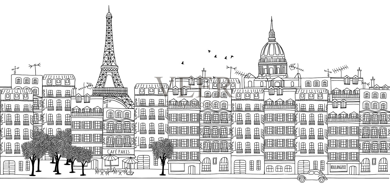 巴黎天际线的无缝横幅插画图片素材