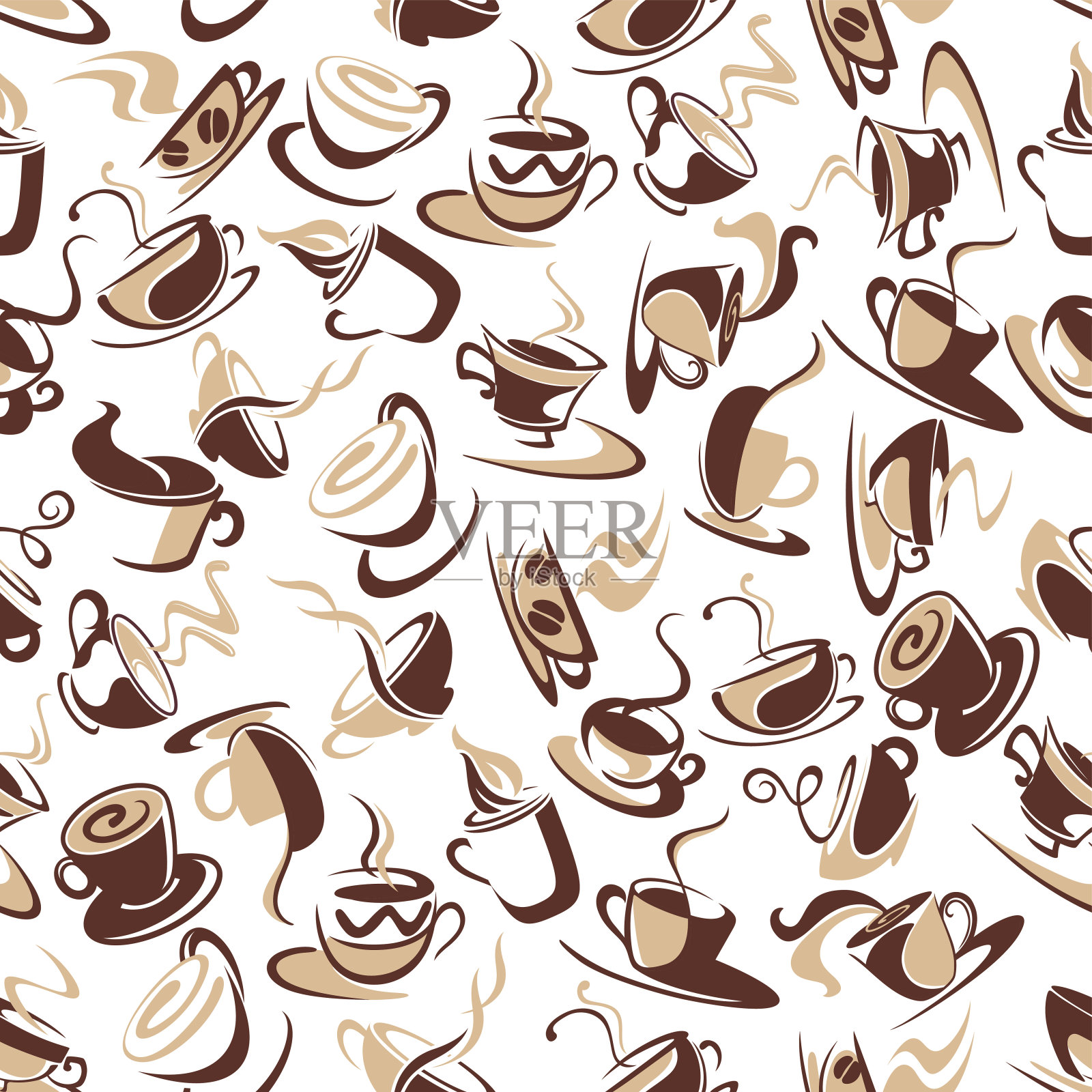 无缝图案的棕色咖啡杯与豆类插画图片素材