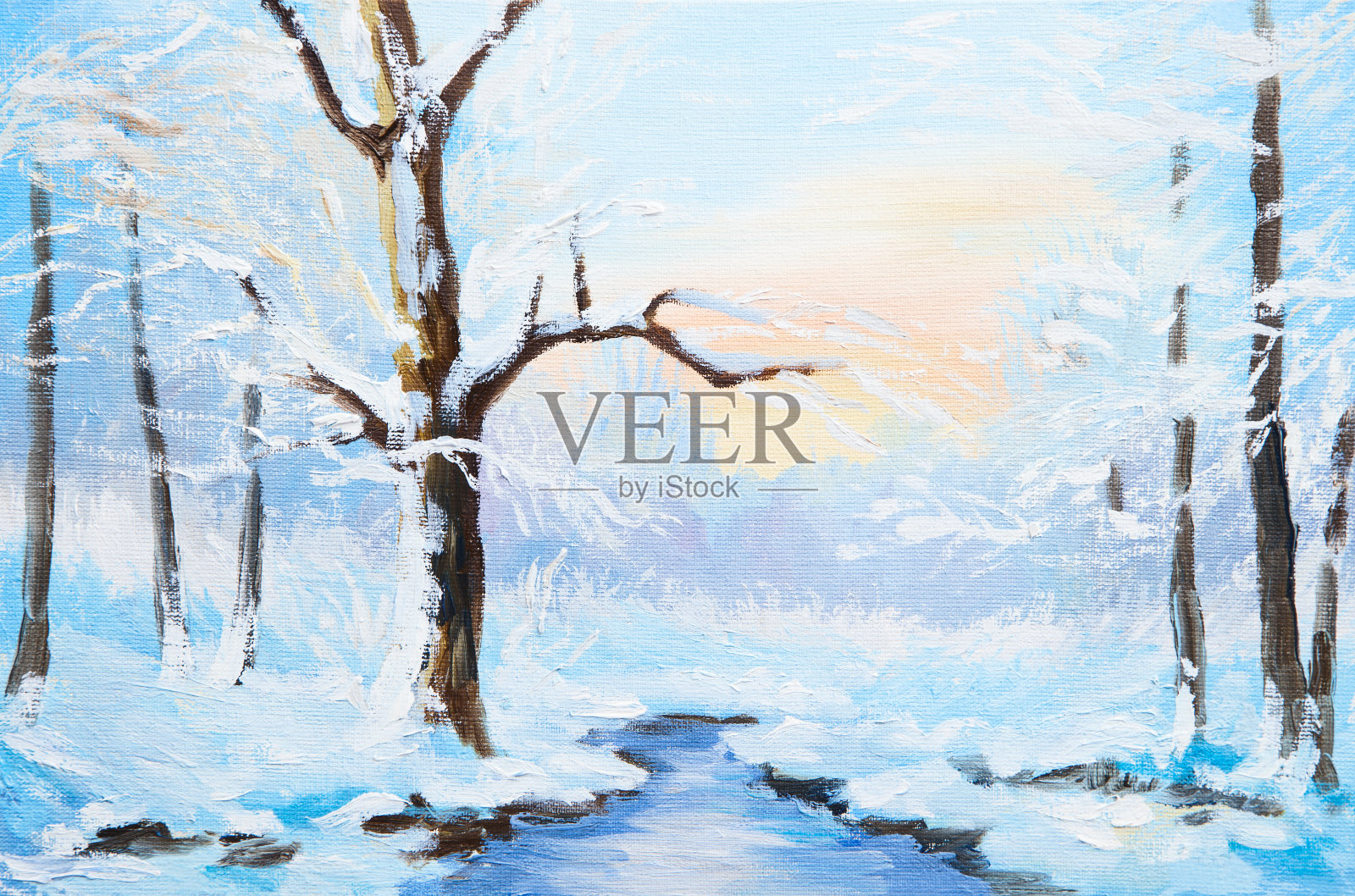 油画冬天的风景，冰冻的森林里的河流，五彩缤纷插画图片素材