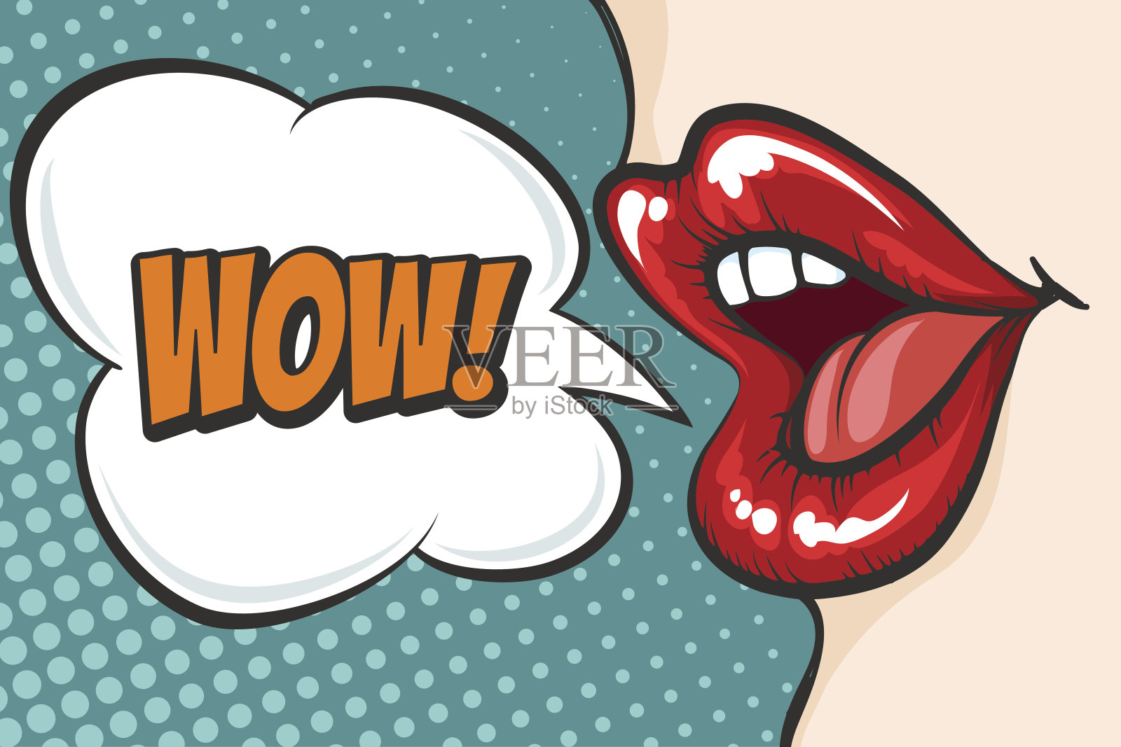 波普艺术嘴唇与WOW泡泡插画图片素材