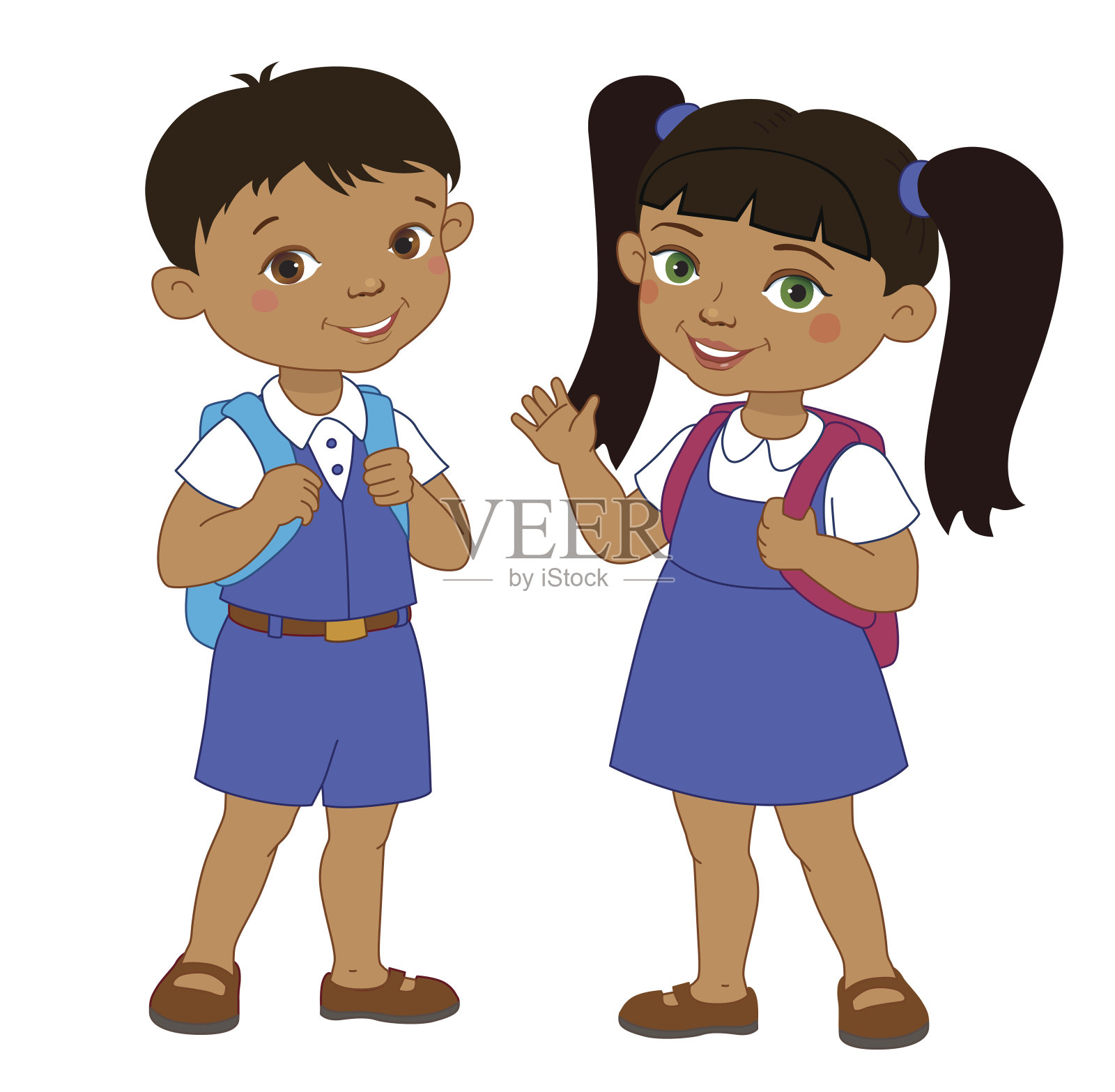 男孩和女孩背着书包，学生留在卡通学校孤立插画图片素材