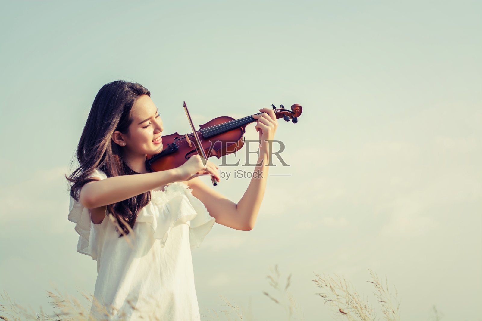 美丽的女人站在草地上拉小提琴照片摄影图片