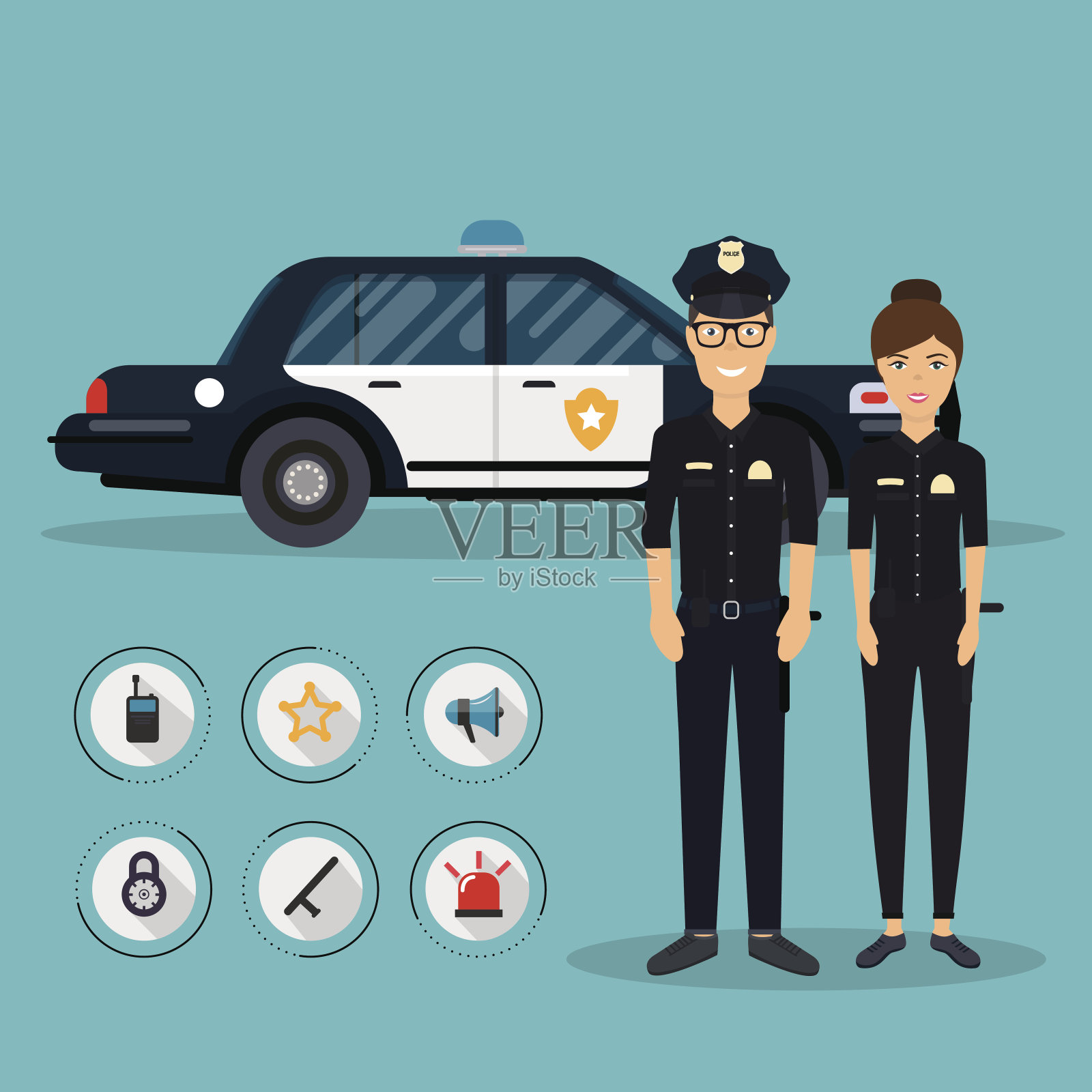 警察人物与警车车辆在平面设计。波利奇插画图片素材