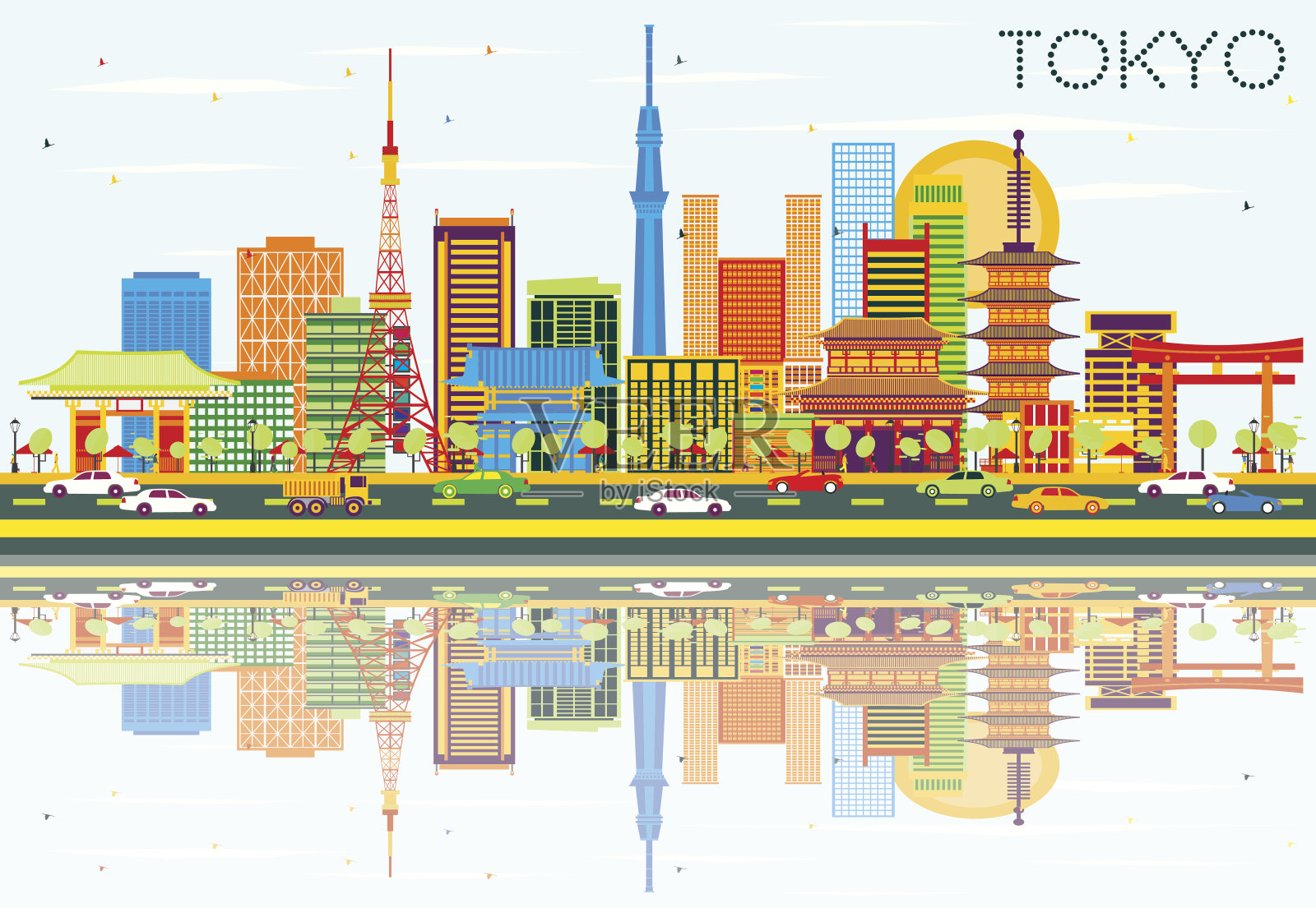 东京天际线与彩色建筑，蓝天和反射。插画图片素材
