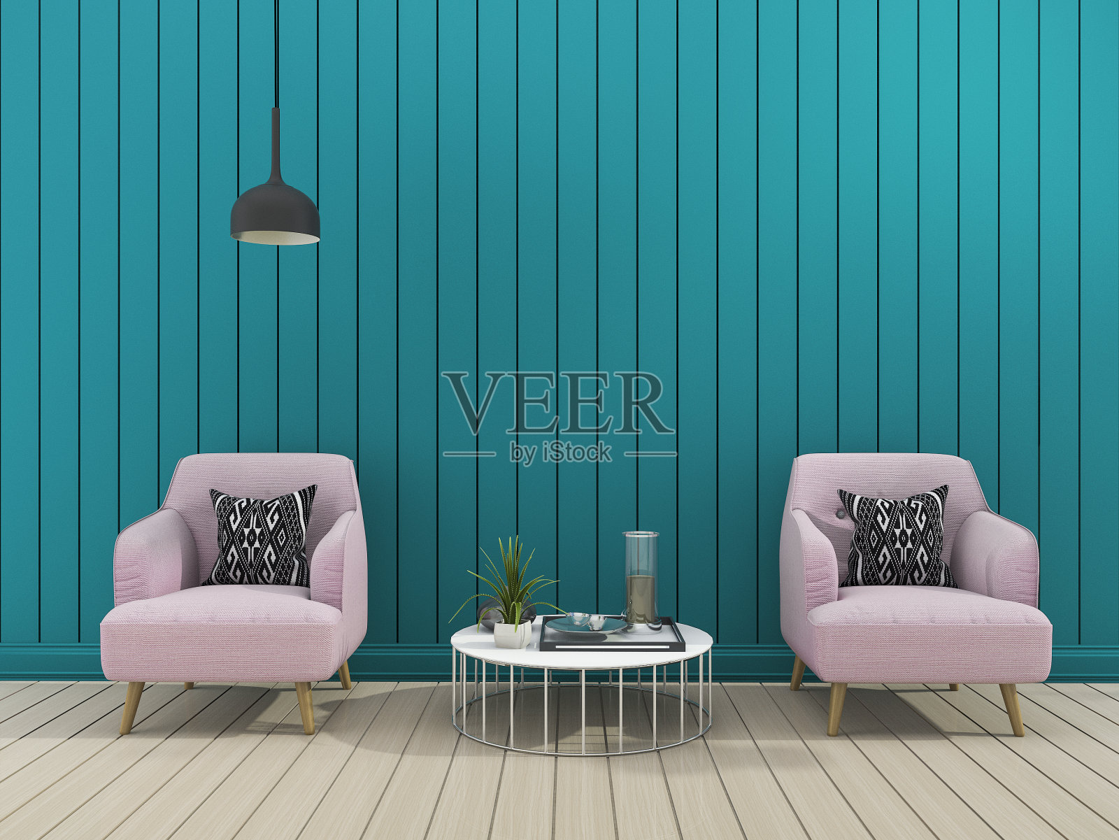 3d渲染绿色现代墙客厅与柔软的扶手椅照片摄影图片