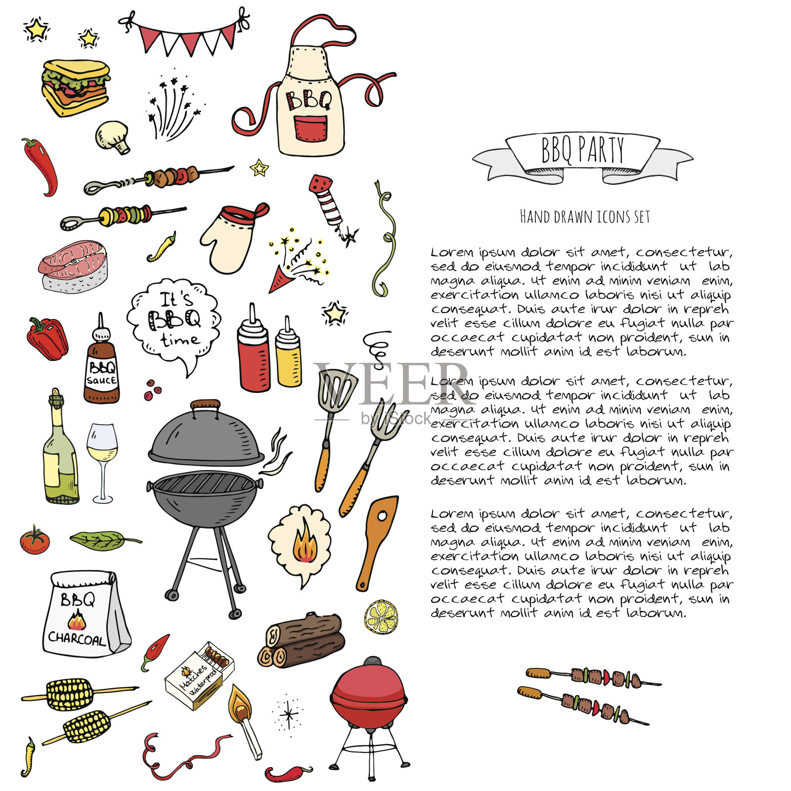 手绘涂鸦烧烤派对图标设置矢量插图夏季烧烤符号收集卡通各种膳食，饮料，配料和装饰元素的白色背景素描插画图片素材