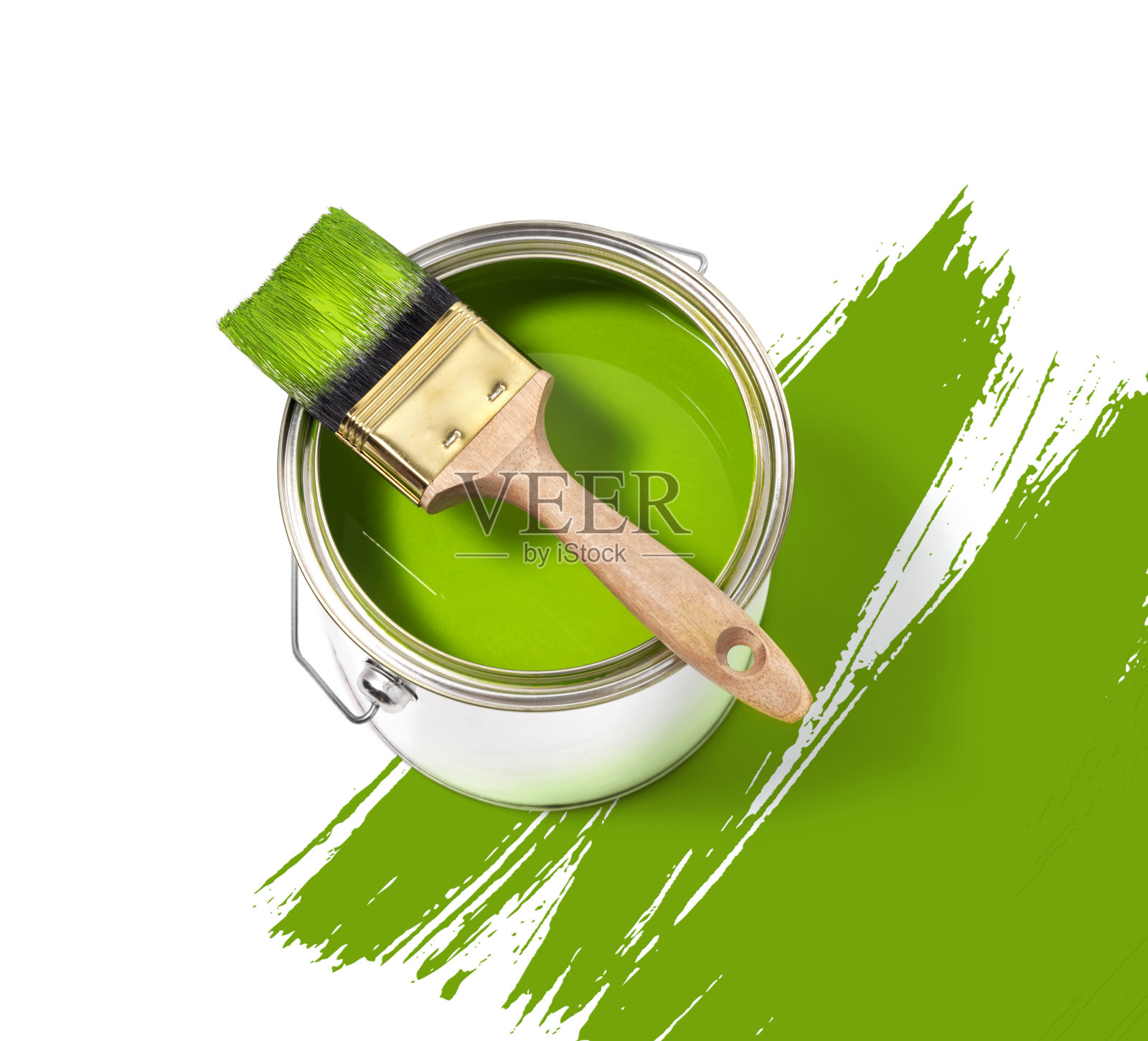 绿色油漆罐，上面有刷子插画图片素材