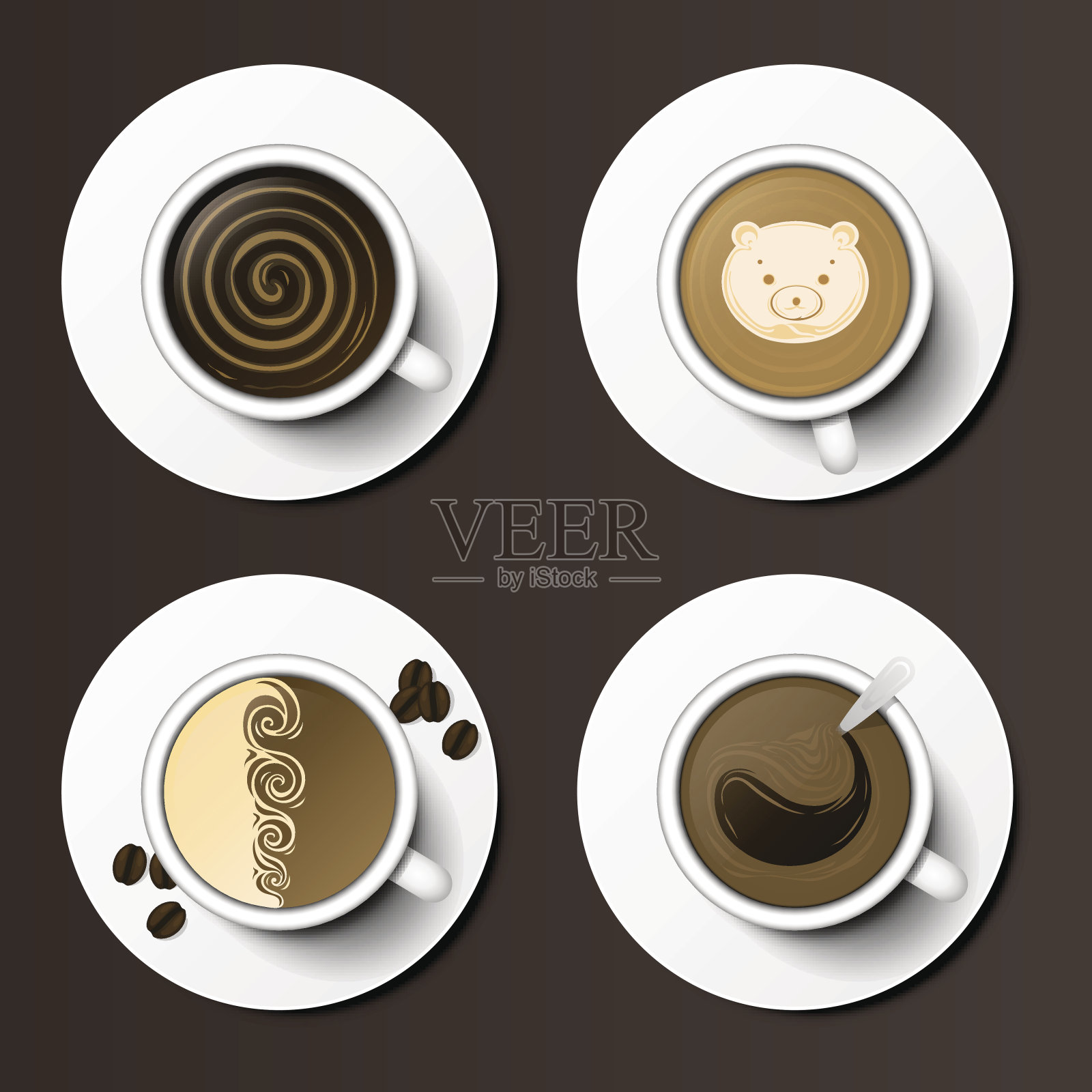 咖啡杯分类俯视图集合矢量插图。插画图片素材
