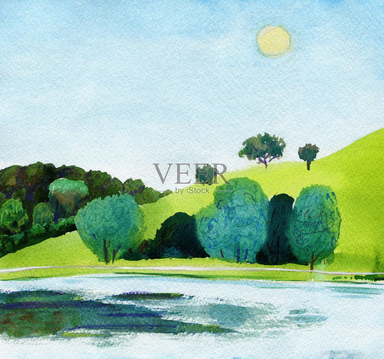 美丽的公园水彩画，白天清澈的湖水插画图片素材