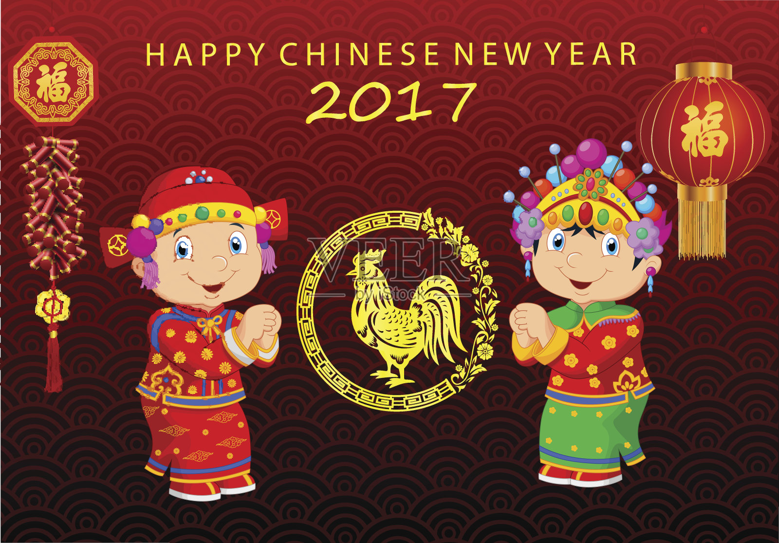 中国新年背景与中国儿童插画图片素材
