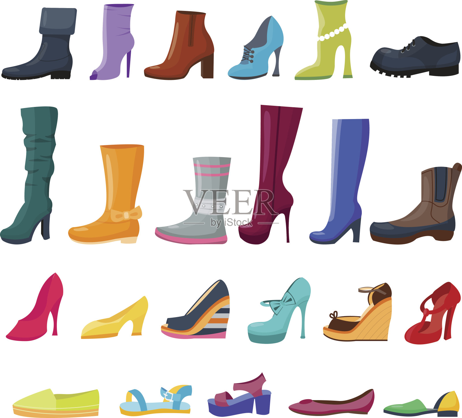 一套彩色的鞋子和靴子的女人和男人插画图片素材