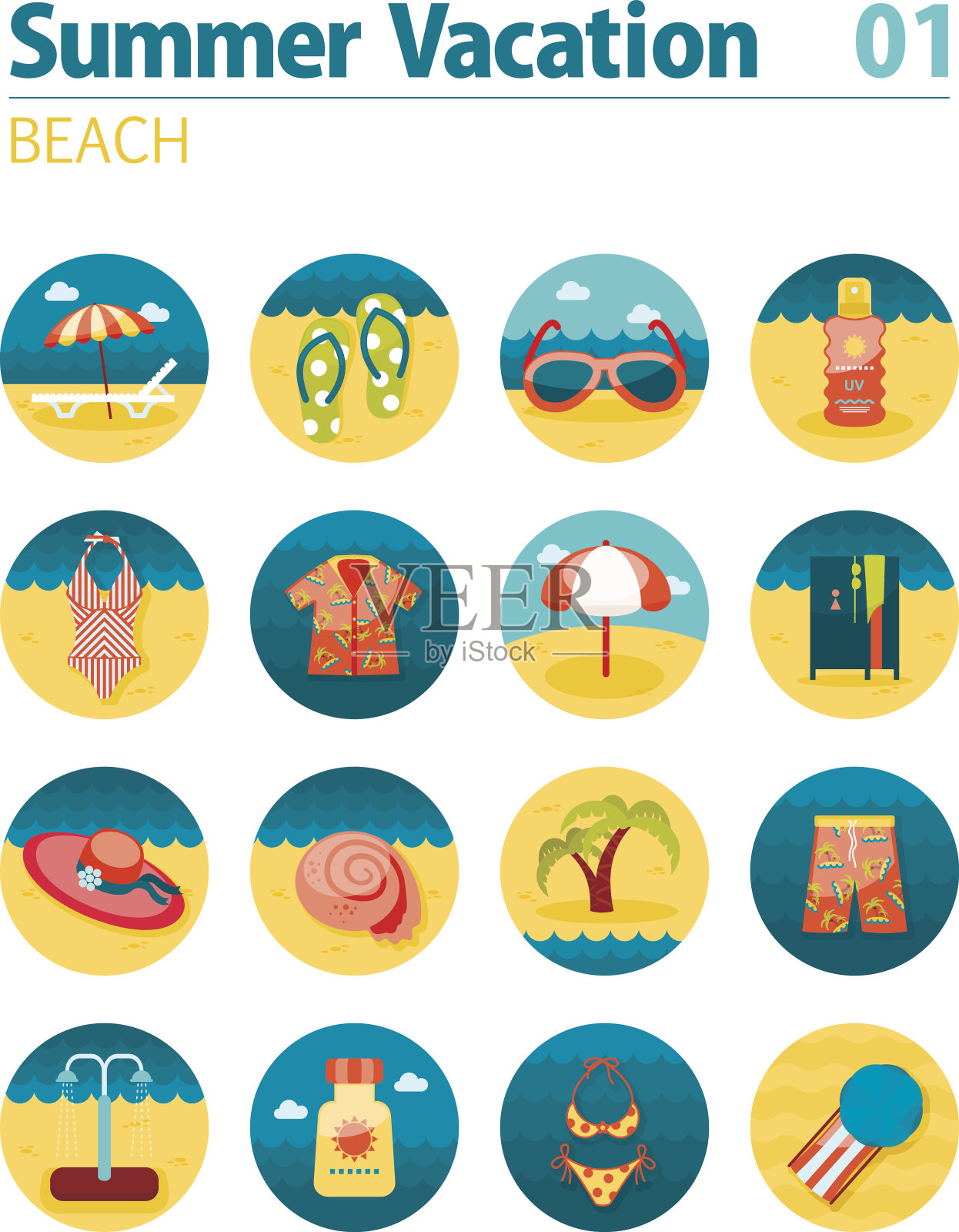 海滩上的图标集。夏天。假期插画图片素材