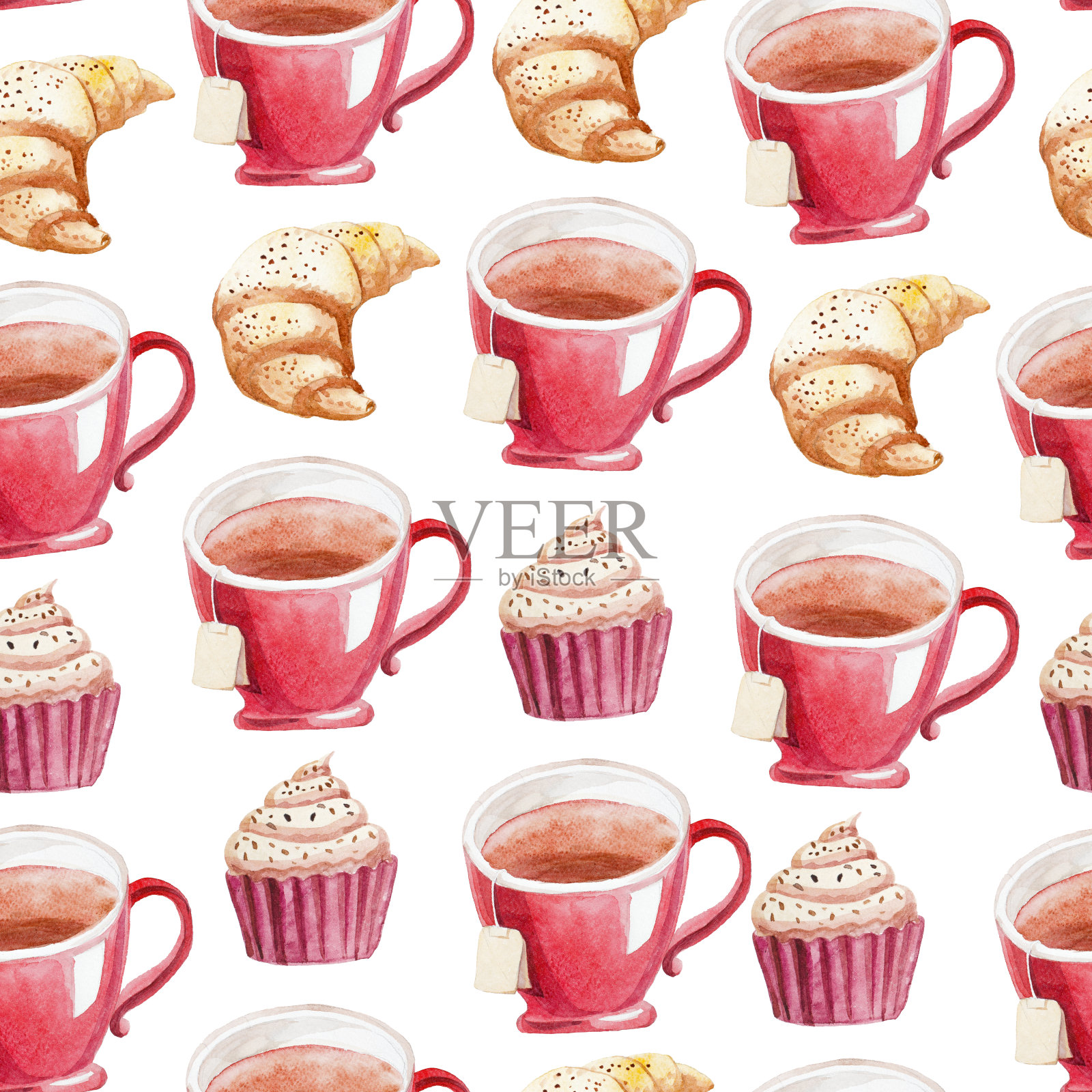 水彩图案的红茶杯，蛋糕和羊角面包插画图片素材
