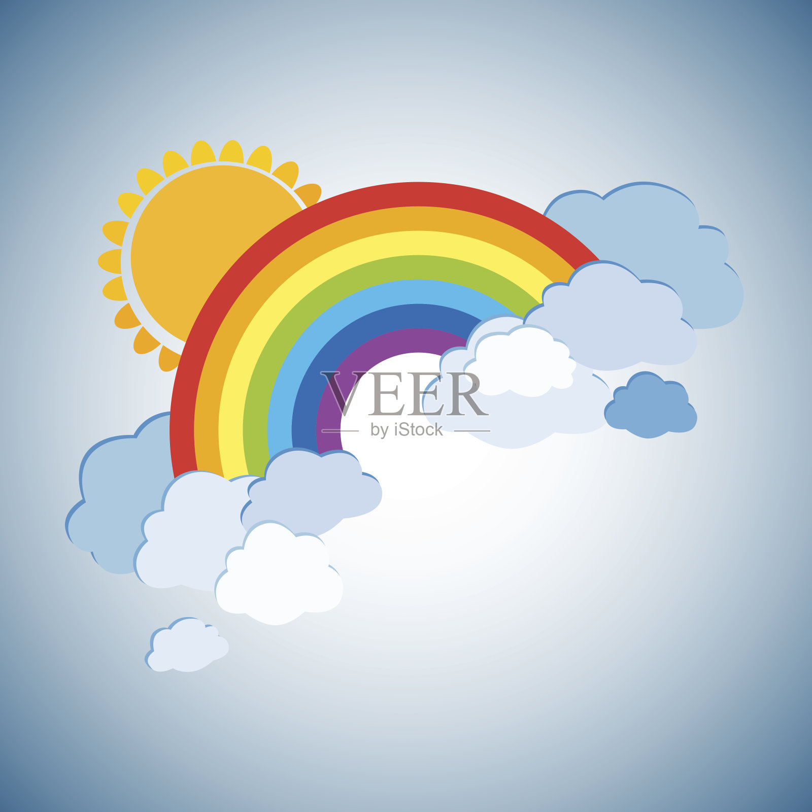 彩色的彩虹与云彩和太阳。卡通插图孤立设计元素图片