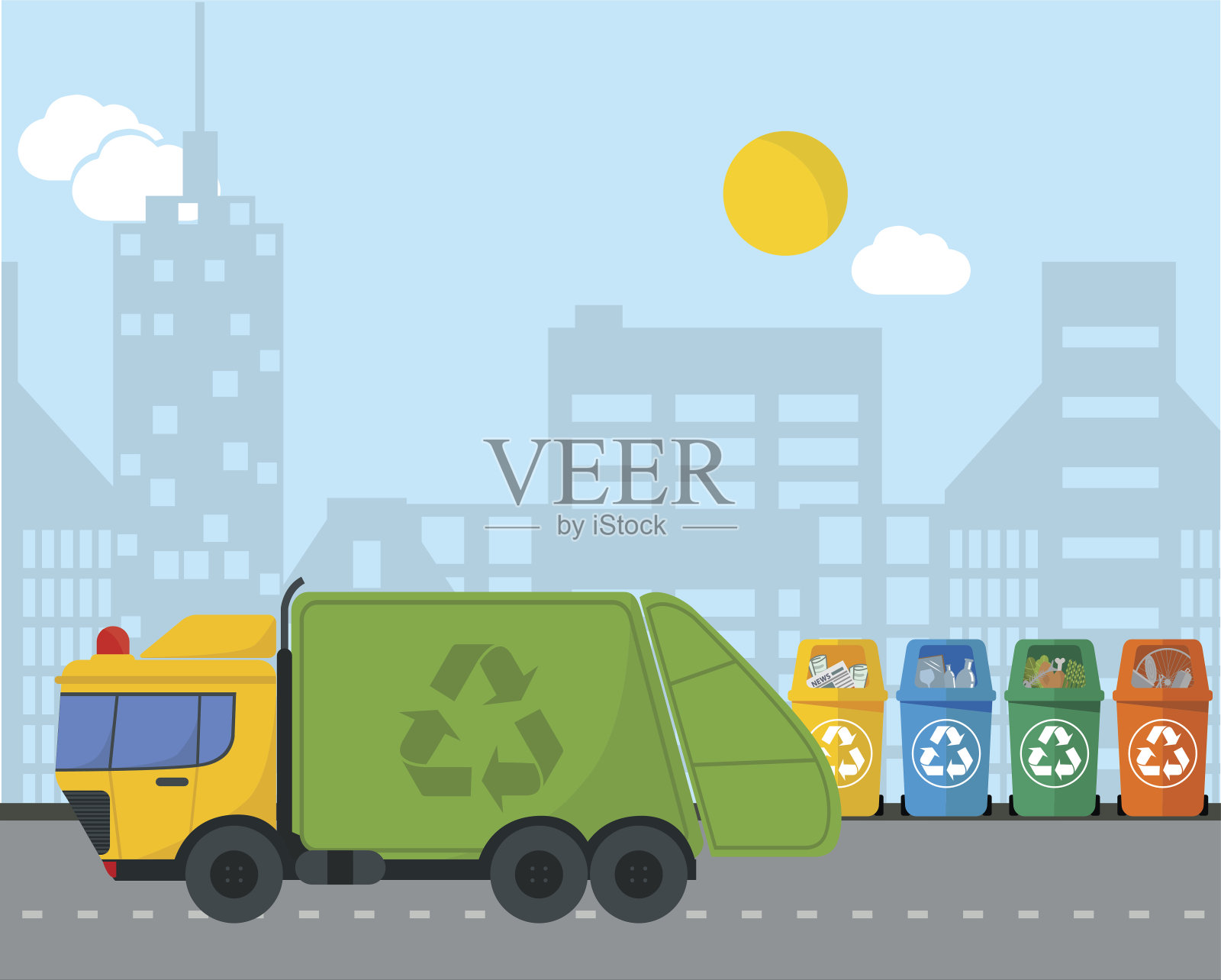城市垃圾回收信息图与垃圾车平面概念。插画图片素材