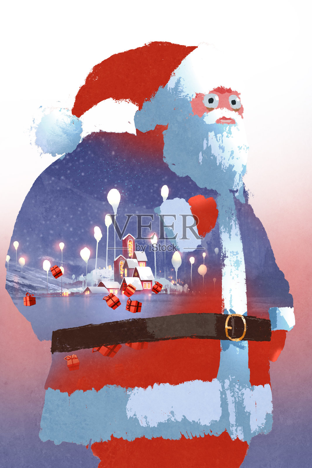 圣诞老人和冬季景观的双重曝光插画图片素材