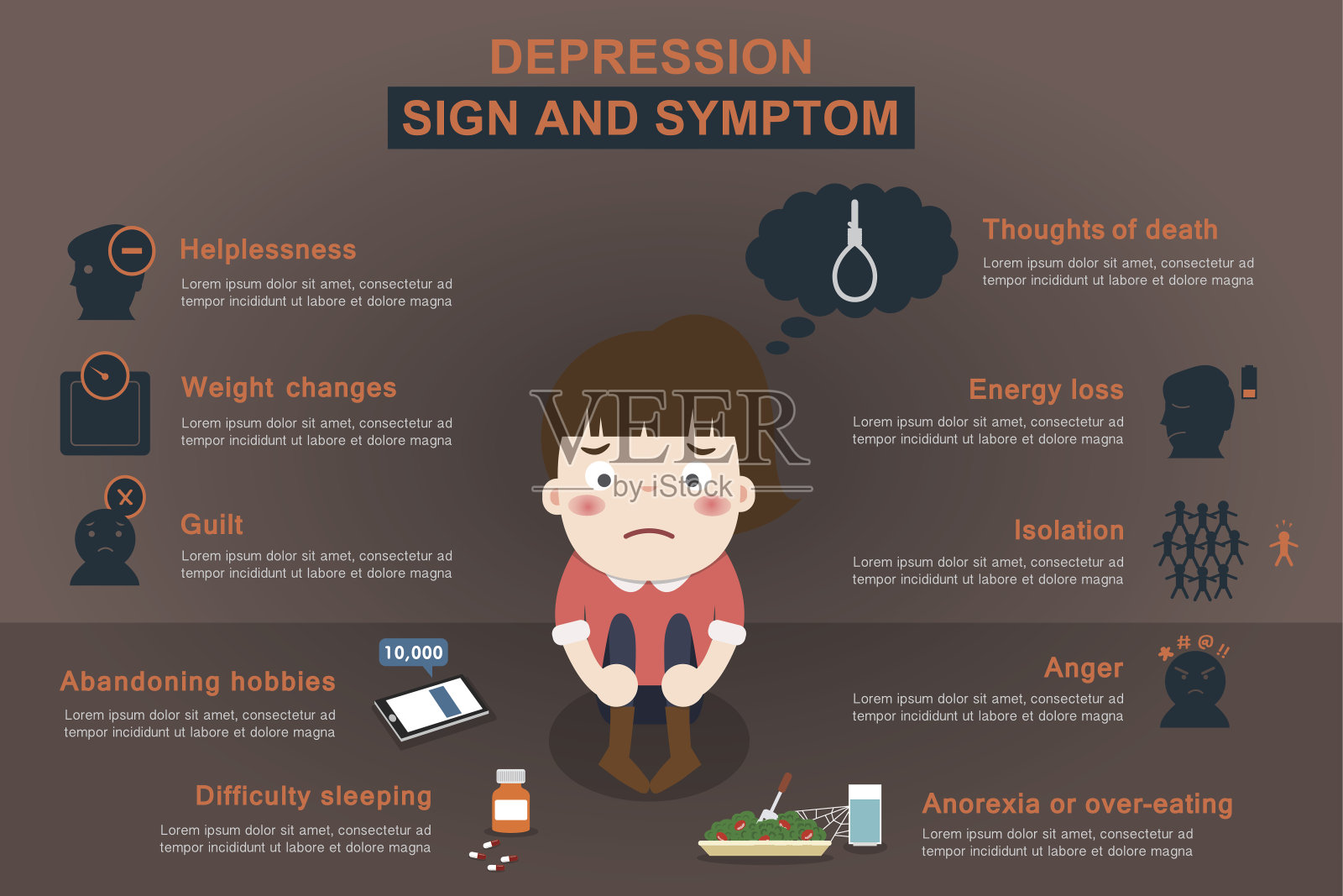关于抑郁症女性症状和体征的信息图表插画图片素材