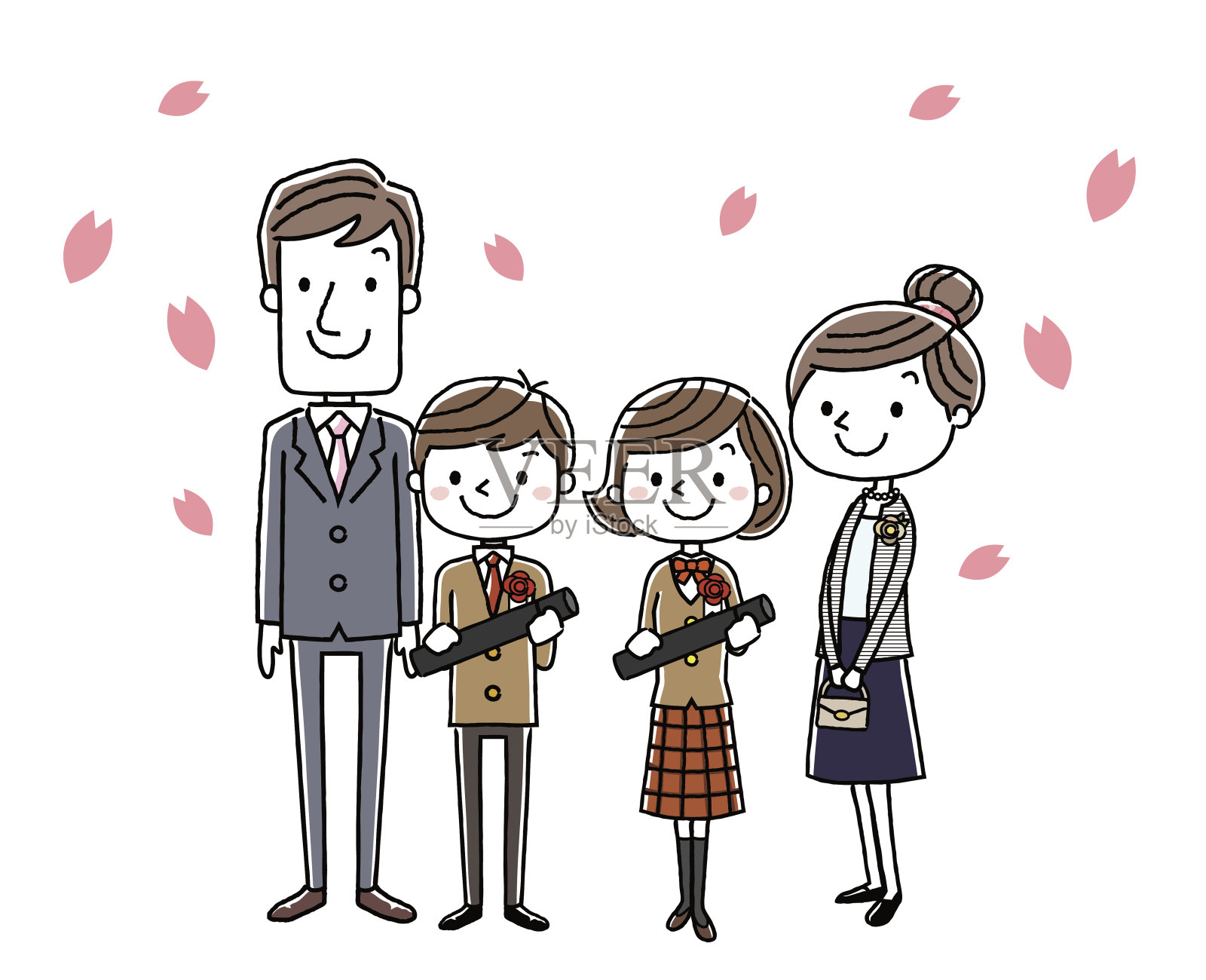 毕业典礼形象:家长和男孩女孩插画图片素材