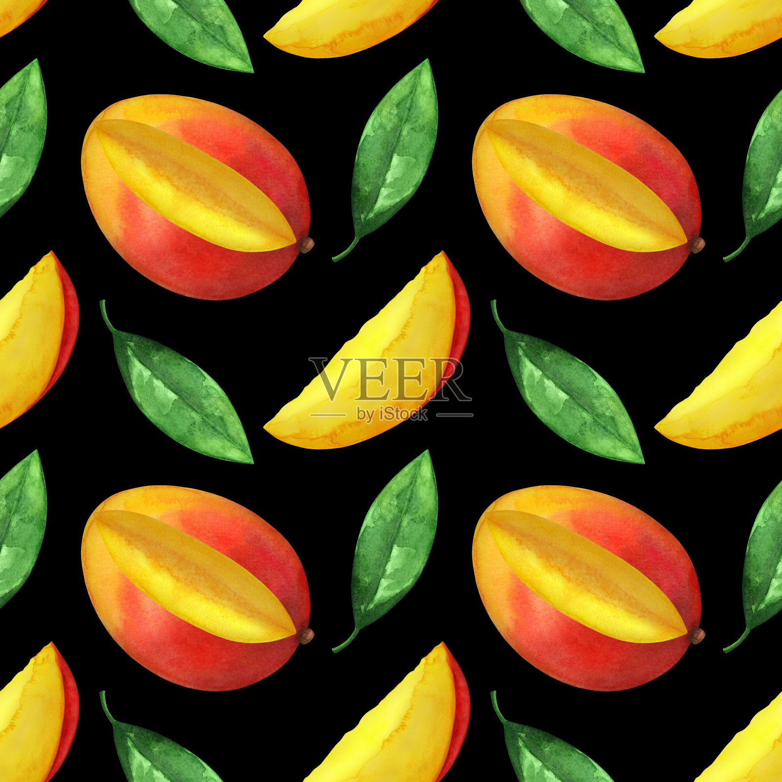 水彩无缝模式与近距离芒果水果和叶子插画图片素材