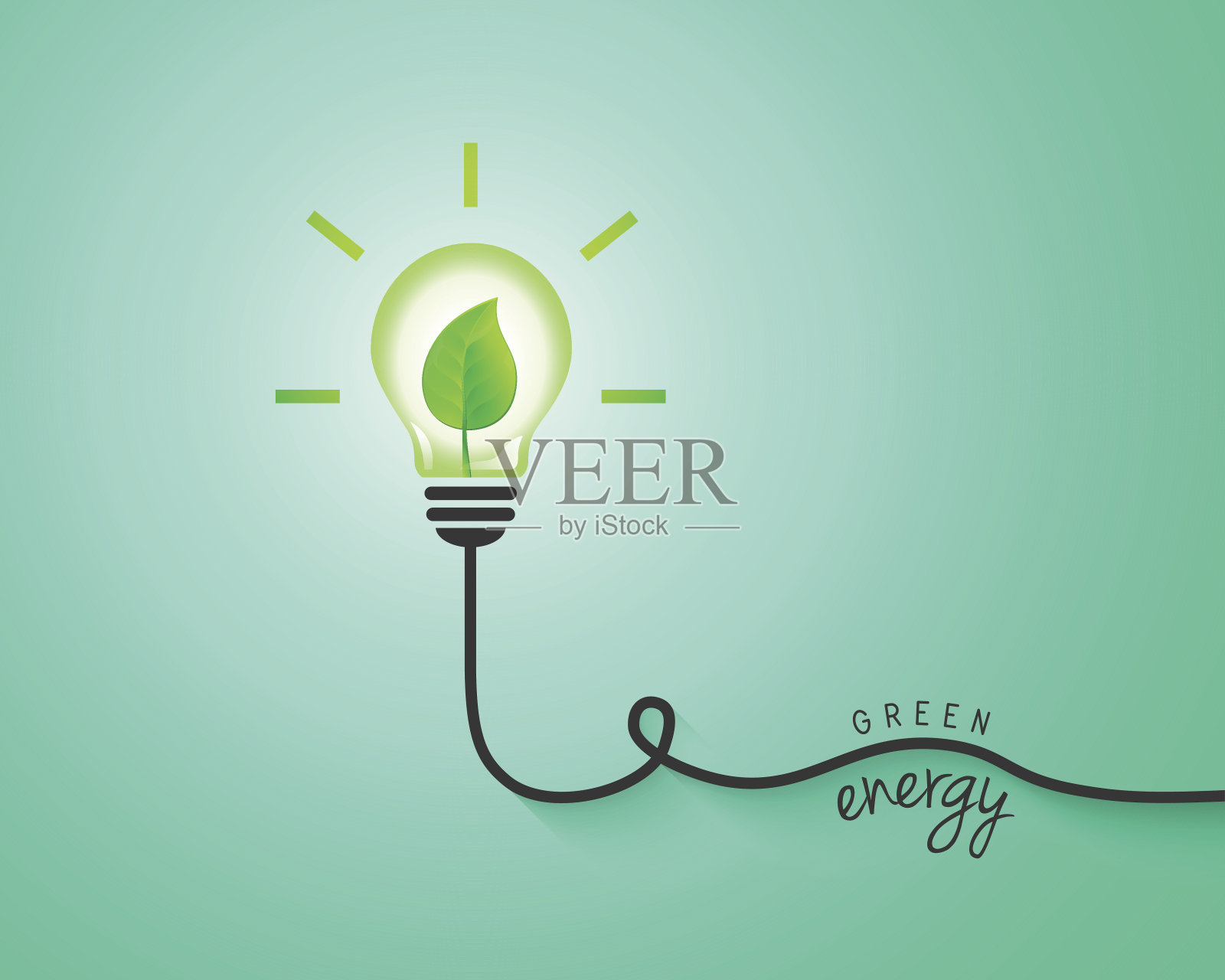 绿色能源概念与灯泡和树叶插画图片素材