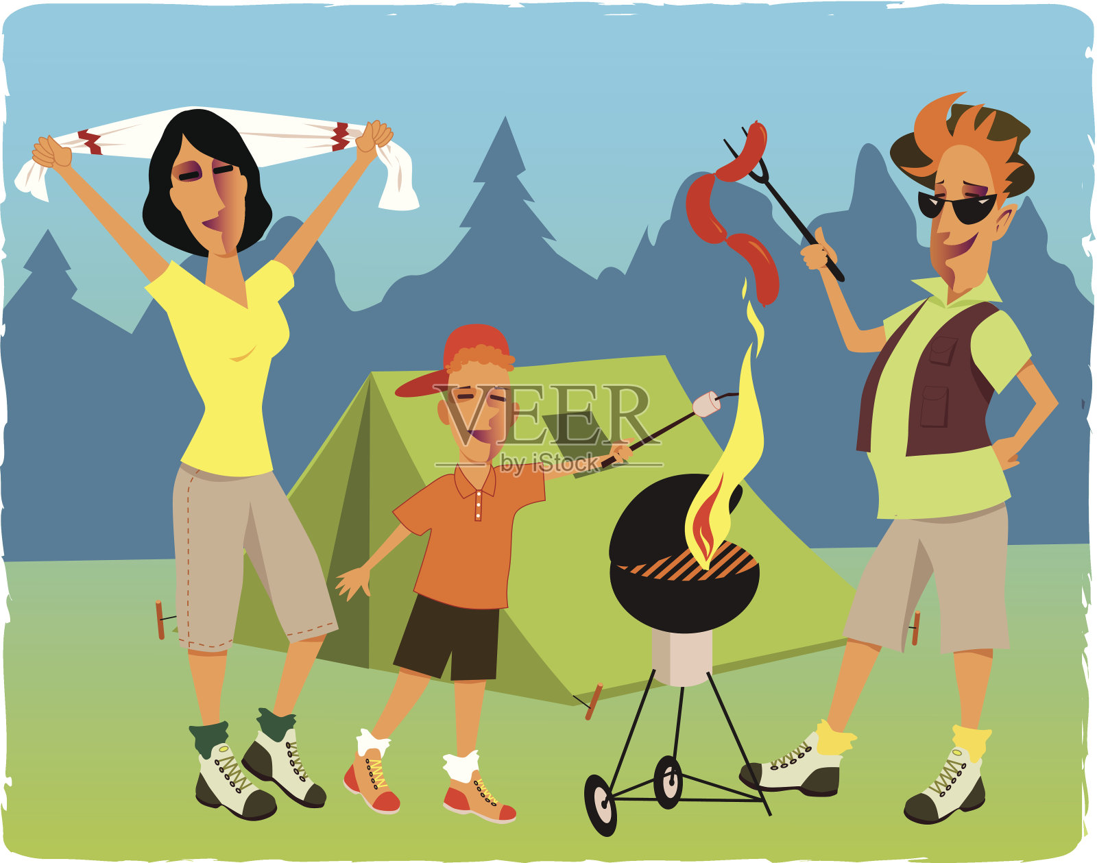 家庭野营和烧烤插画图片素材