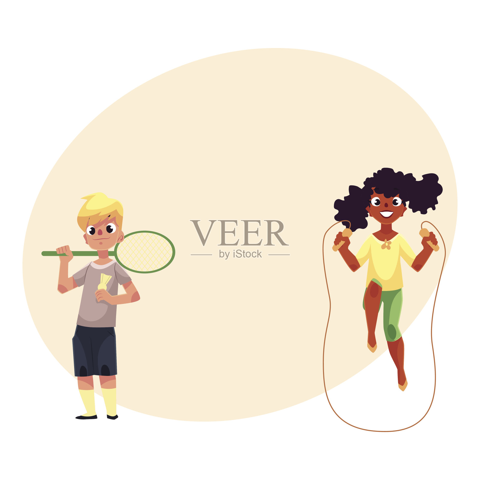 男孩和女孩带着跳绳，羽毛球拍在操场上插画图片素材