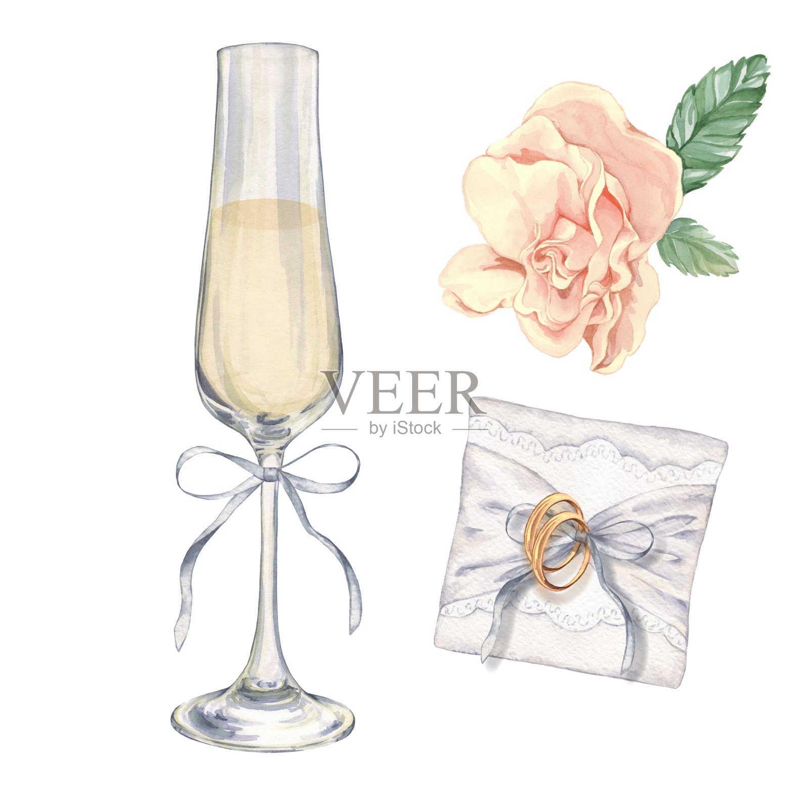 婚礼饰品:枕头上放香槟、玫瑰和戒指。插画图片素材