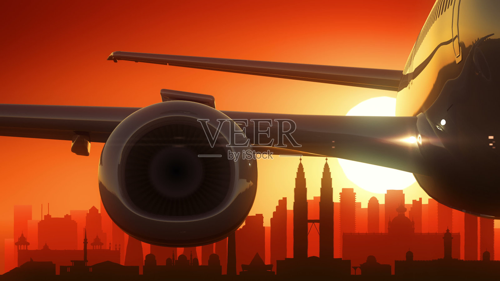 吉隆坡马来西亚飞机起飞天际线金色背景插画图片素材