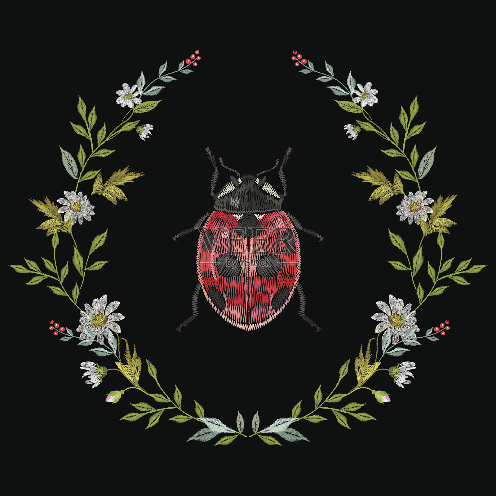 绣洋甘菊和瓢虫圆形花卉图案。插画图片素材