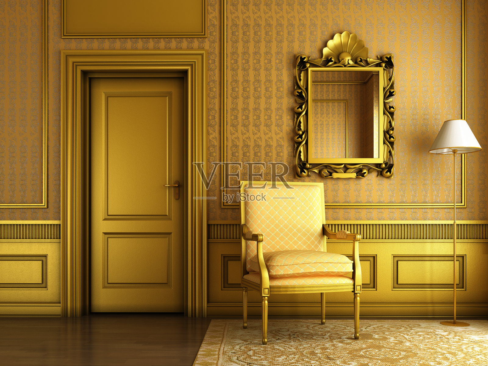 古典宫殿内饰有扶手椅镜和金色的线条照片摄影图片