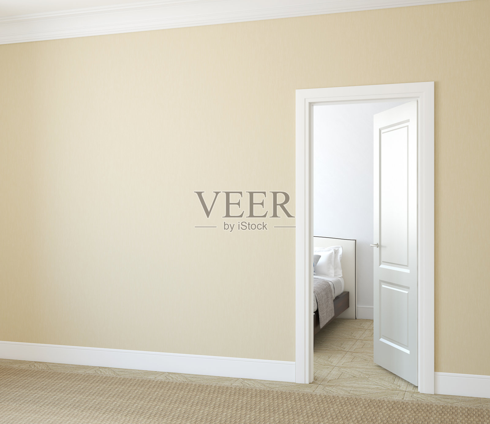走廊的素色墙壁与一间卧室敞开的门照片摄影图片