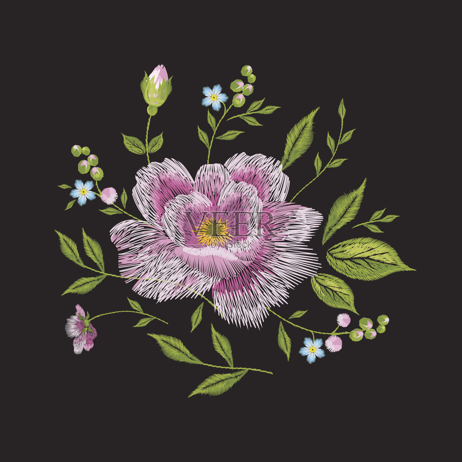 用玫瑰绣出五彩缤纷的花卉图案。插画图片素材