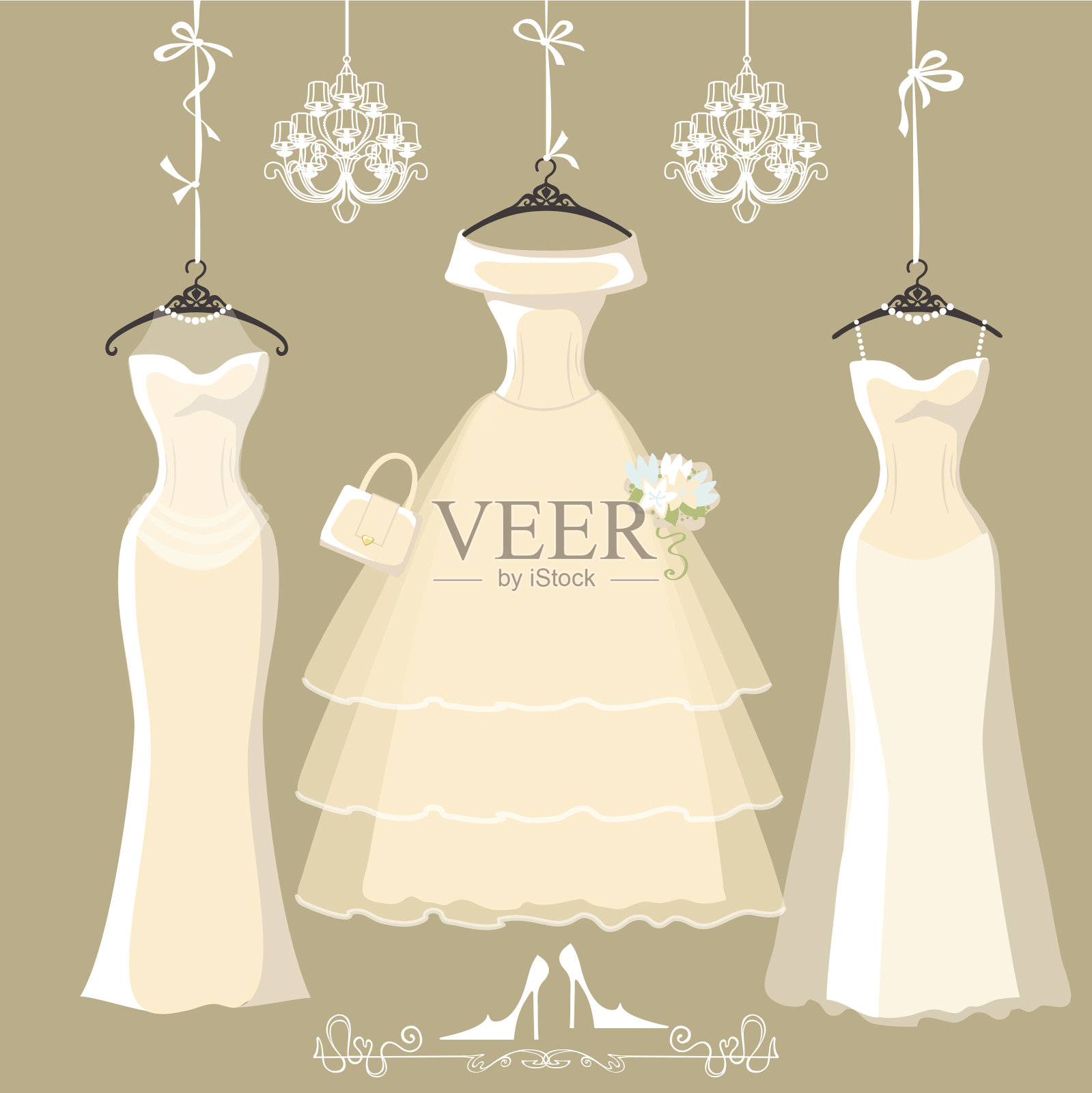 一套三件长长的新娘礼服挂在丝带上插画图片素材