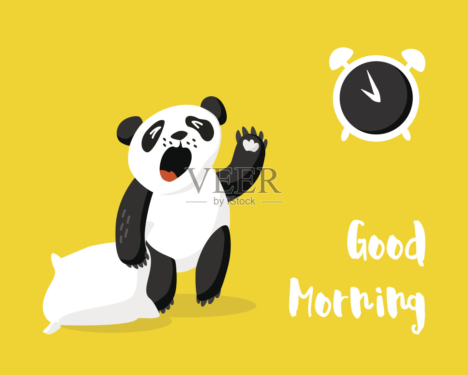 早上好，有闹钟和熊猫的卡片。插画图片素材