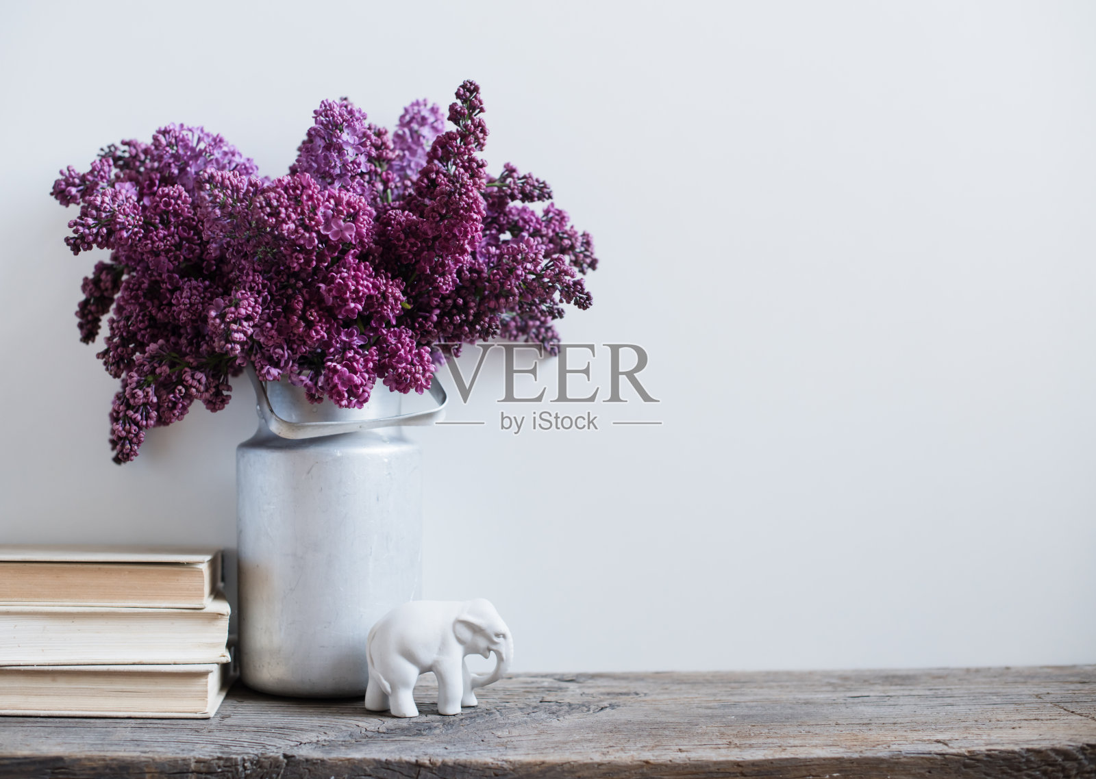 紫色的花在一个古老的牛奶罐和瓷象照片摄影图片