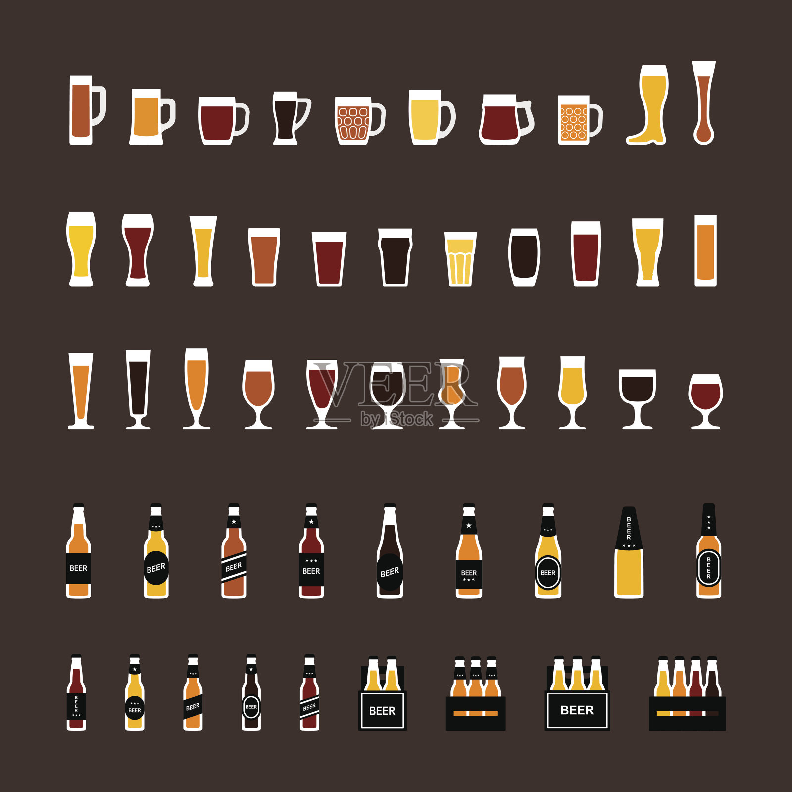 啤酒杯和瓶子的颜色图标设置在平坦的风格。图标素材