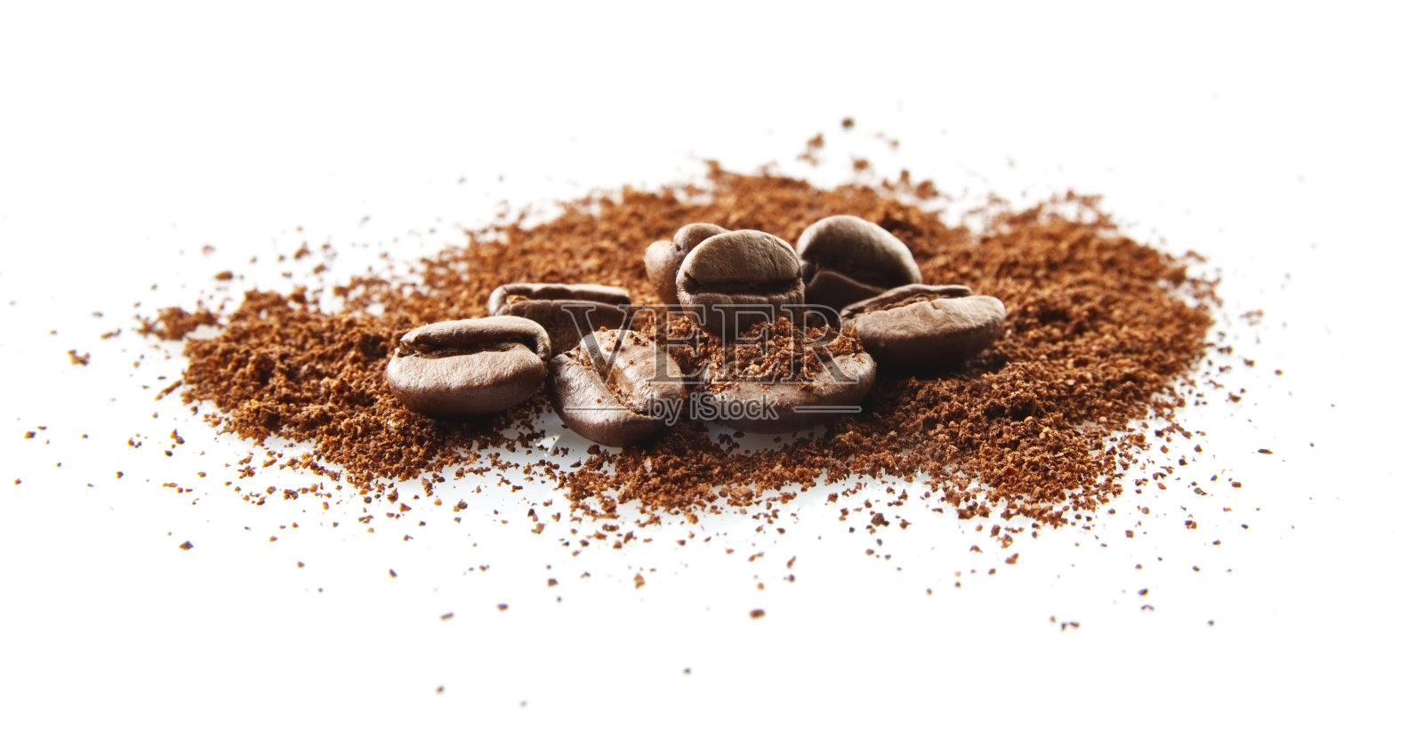 收集的咖啡豆与咖啡粉上的白色照片摄影图片