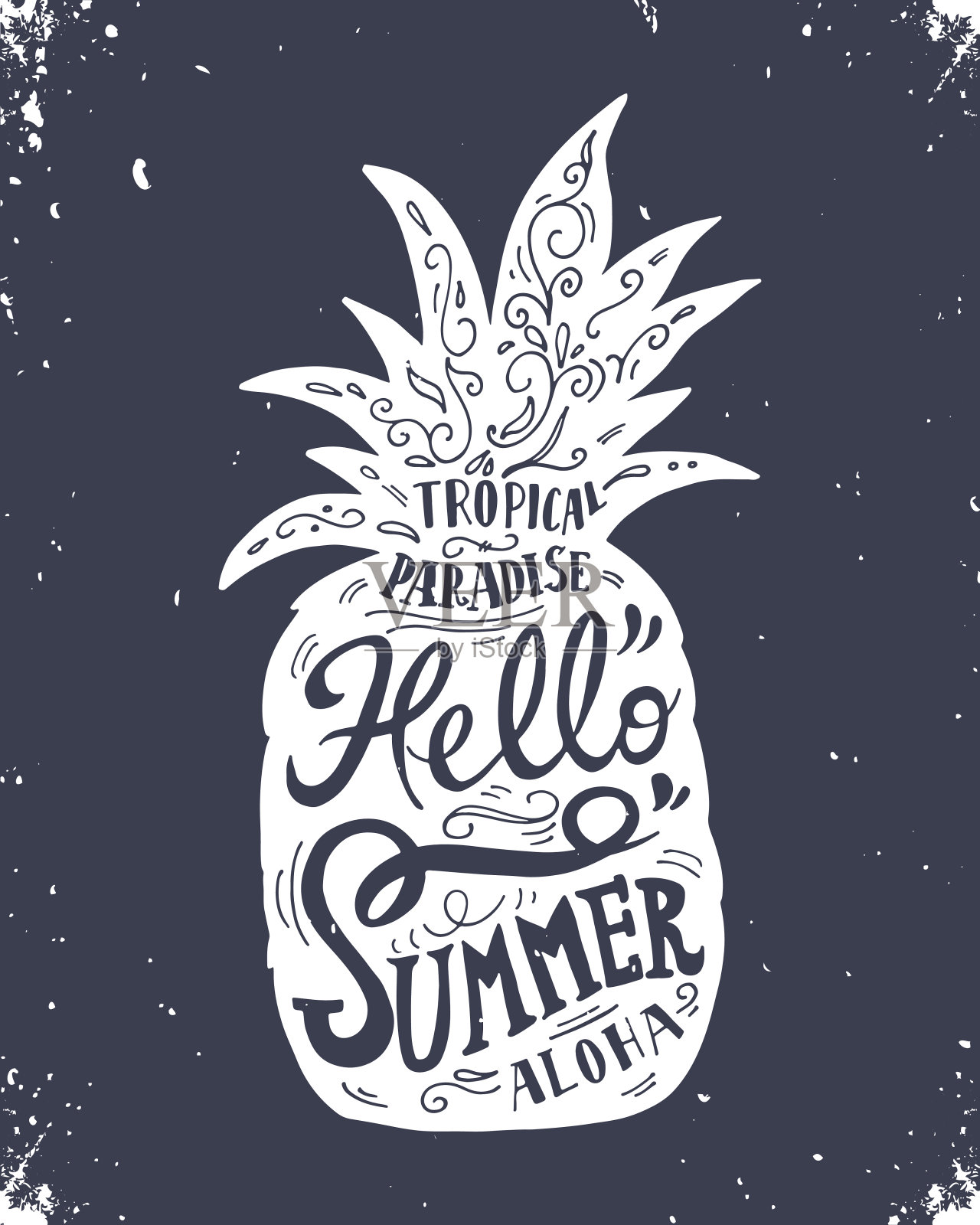 手绘复古标签，菠萝和字母“Hello sum”插画图片素材