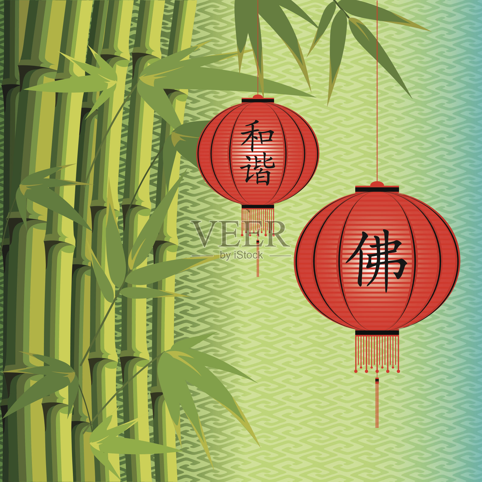 背景是竹子和中国灯笼插画图片素材