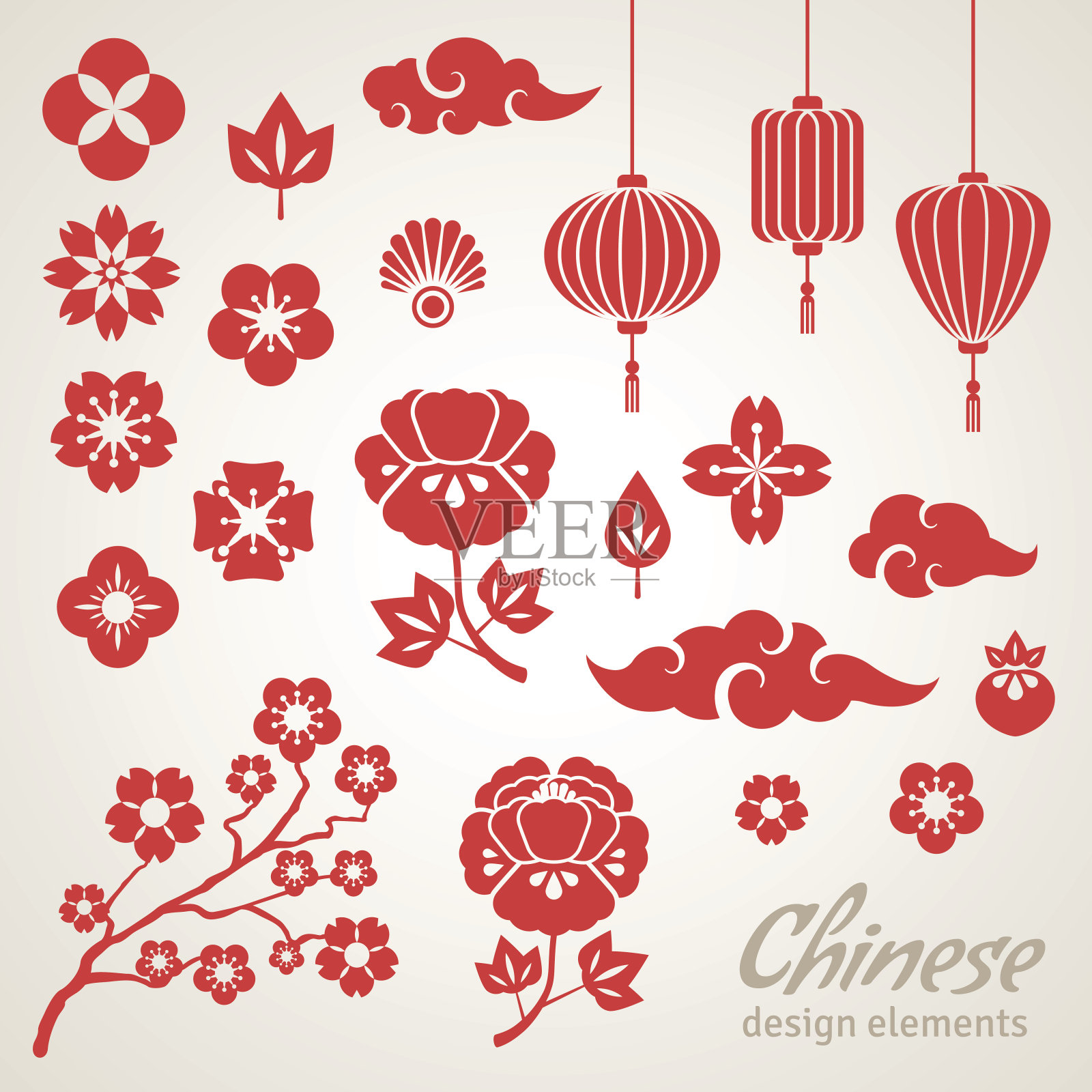 中国装饰图标，云，花和中国灯设计元素图片