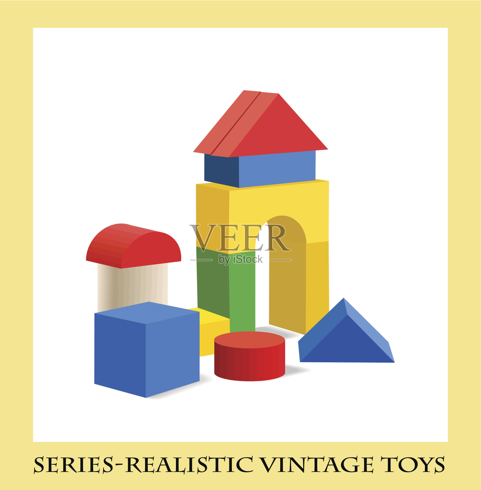 彩色积木玩具，系列逼真复古玩具插画图片素材