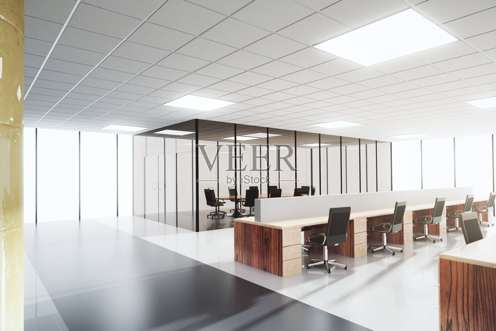 现代的光开放空间办公室与会议室照片摄影图片